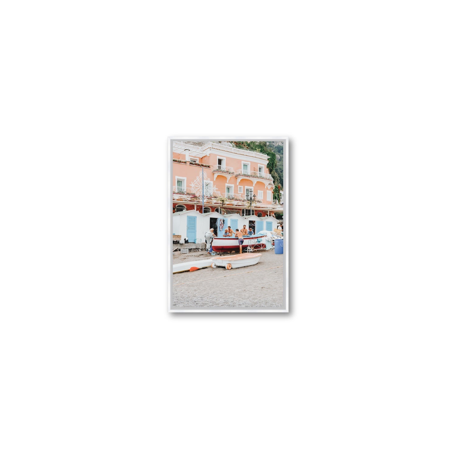 La Riunione della Mattina fine art print, Positano, Italy, Small, White Float Frame, Fine Art Canvas