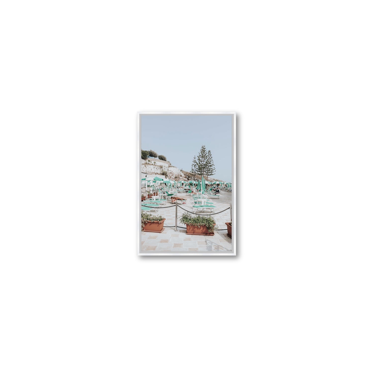 Siesta on The Terrace Puglia coastal wall art Small fine art canvas in white float frame