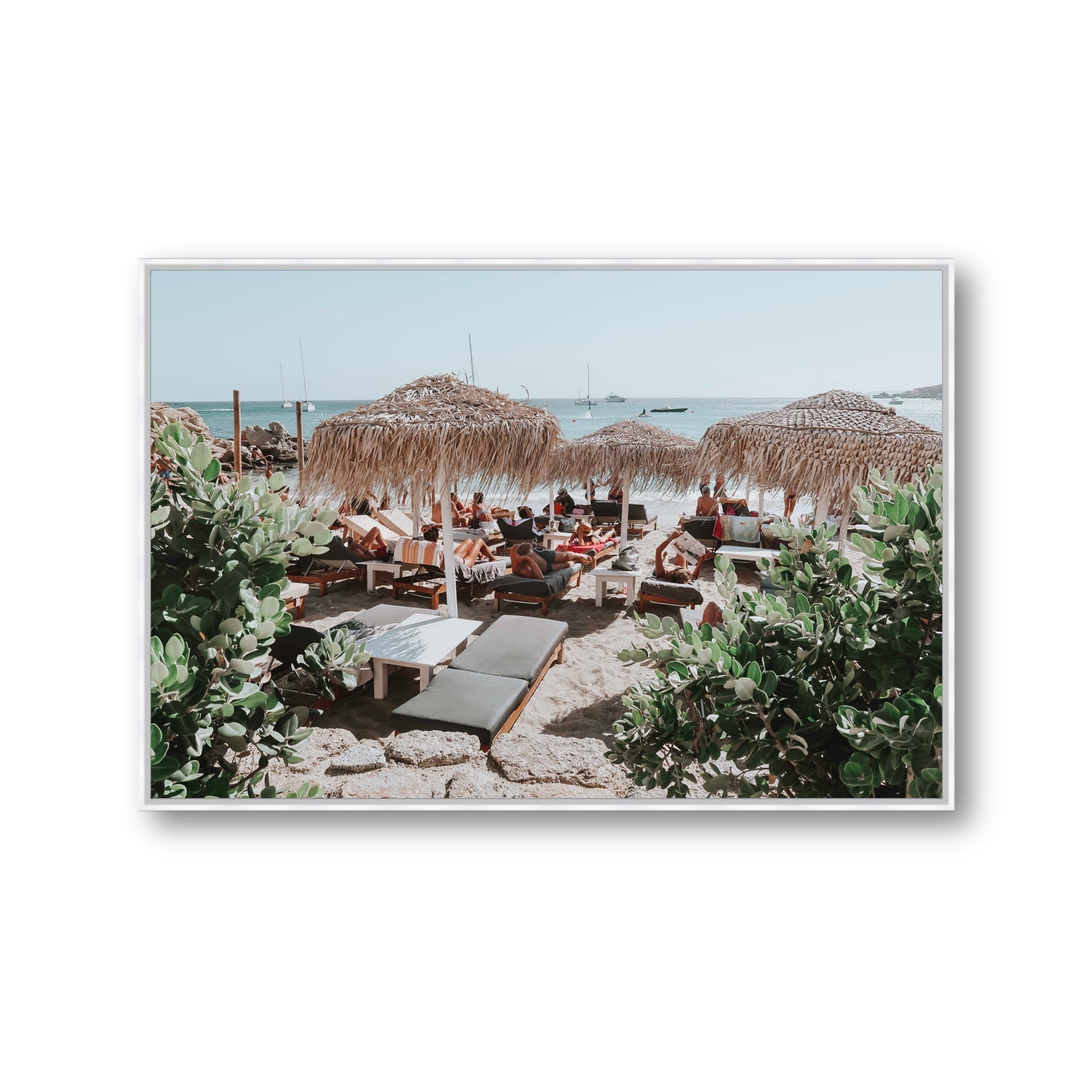 Greek Haven Mykonos Greek island coastal wall art Gallery fine art canvas in white float frame