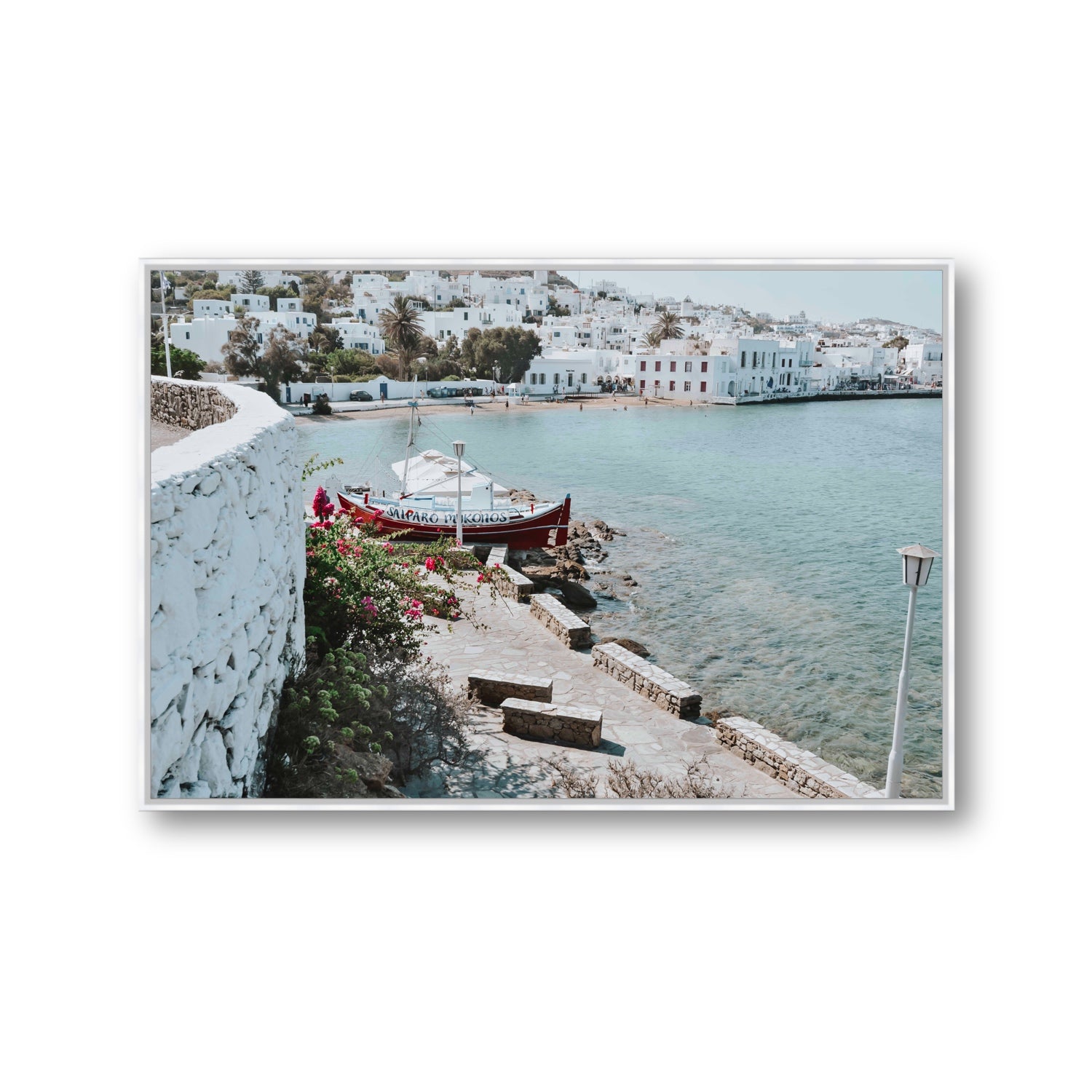 Harika Mykonos Greek island wall art Gallery fine art canvas in white float frame