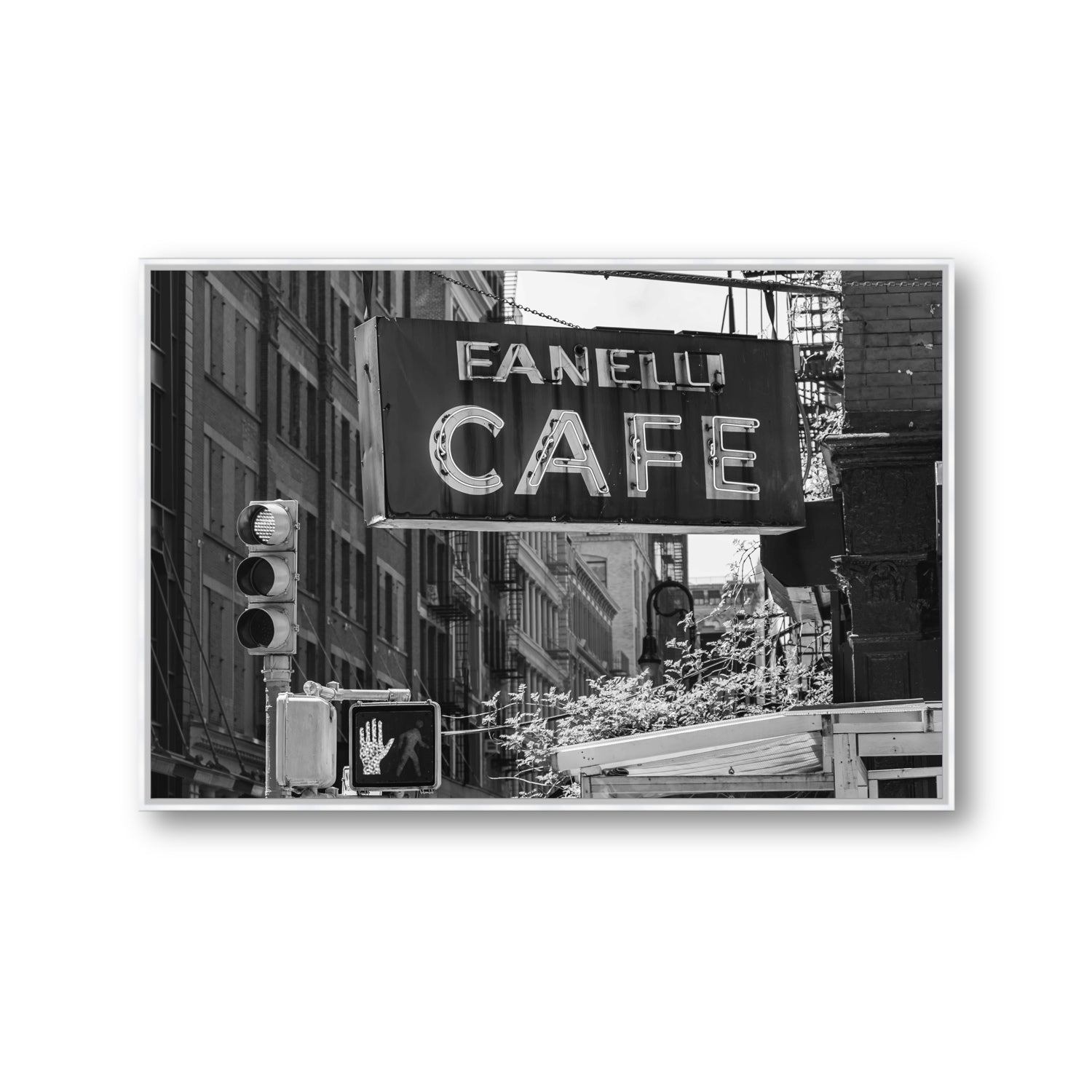 Soho Neon New York NYC Black & White wall art Gallery fine art canvas in white float frame