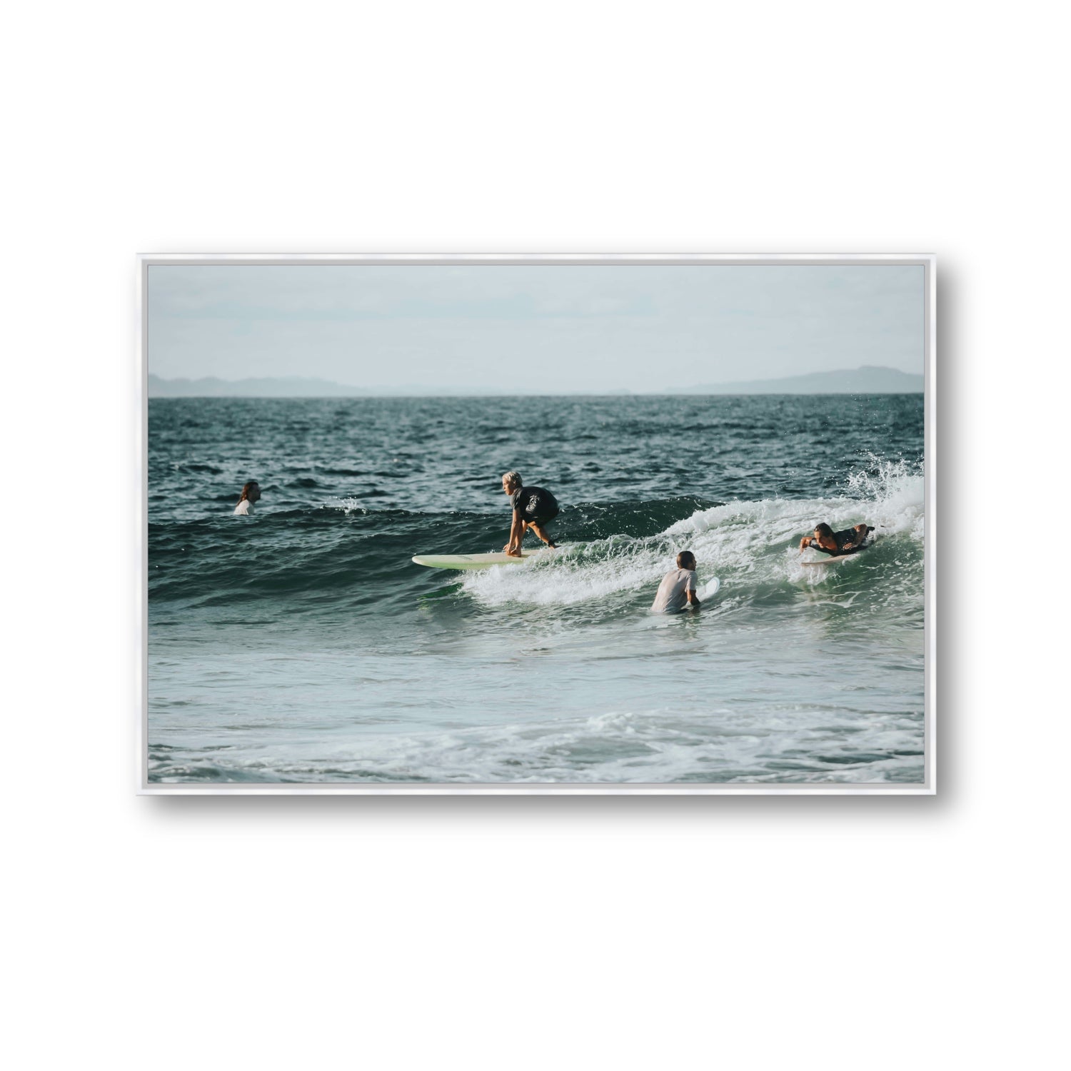 The Boys of Summer Byron Bay Surf coastal wall art Gallery fine art canvas in white float frame
