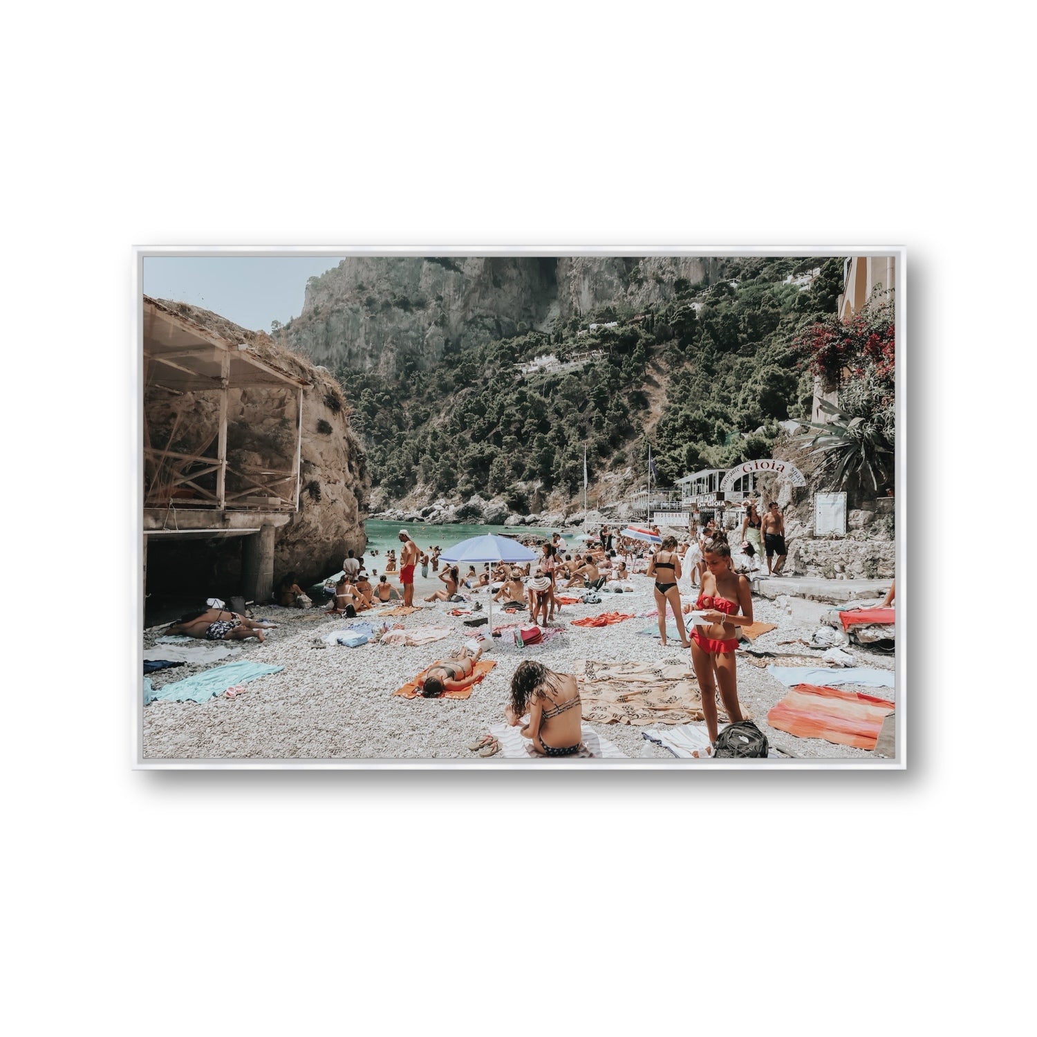Spiaggia Da Gioia Capri beach coastal wall art Gallery fine art canvas in white float frame
