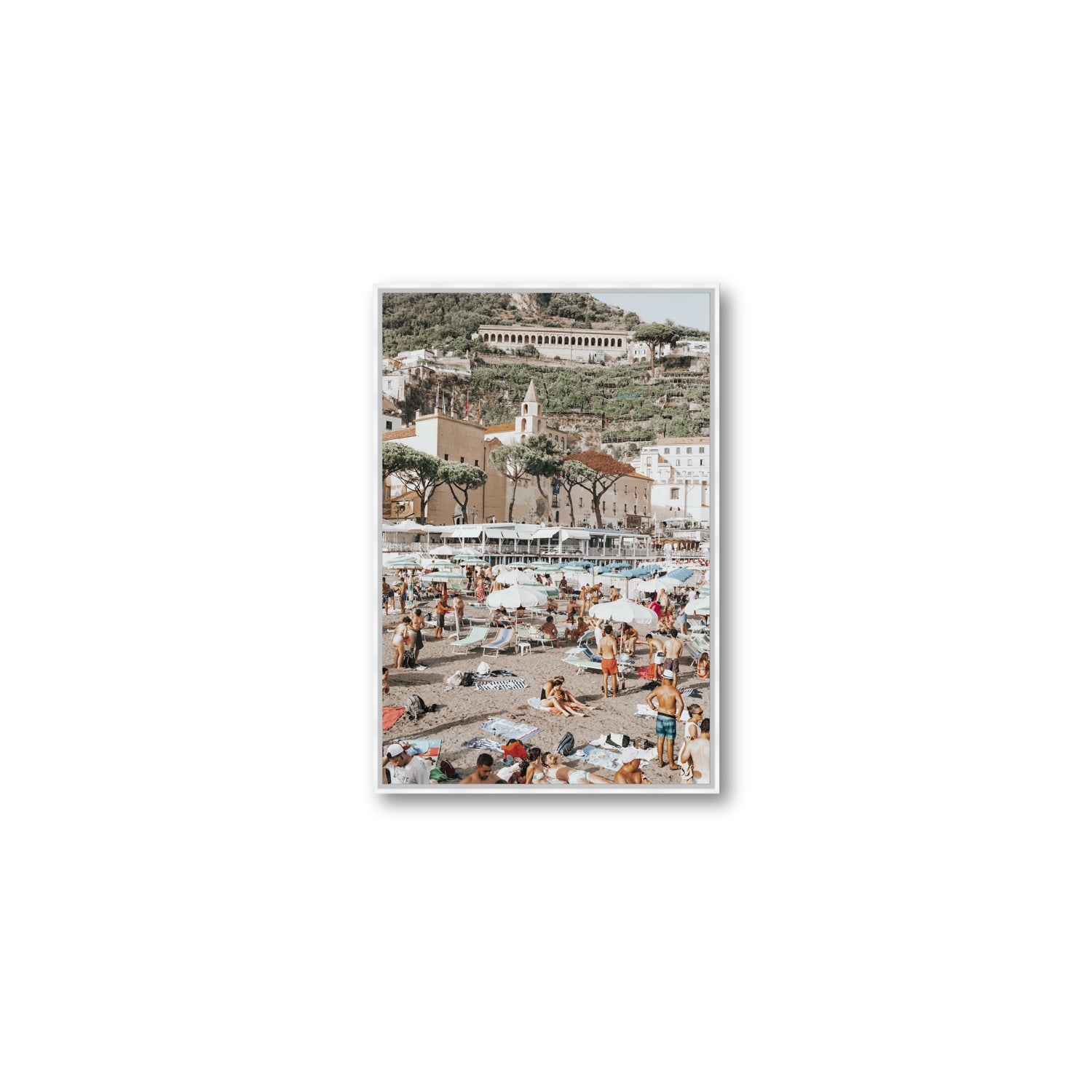 Festa In Spiaggia Amalfi coastal wall art Medium fine art canvas in white float frame