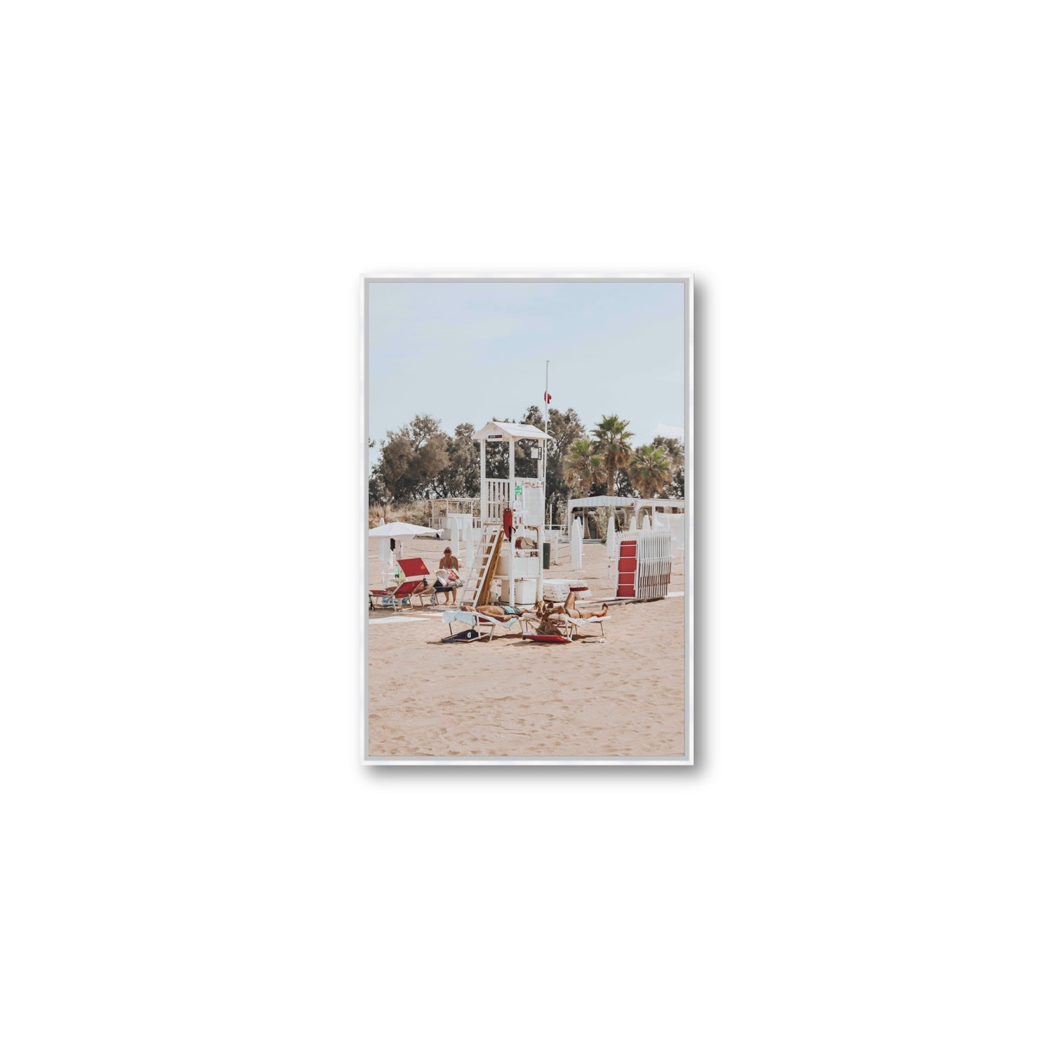 Red Lounge Reverie Puglia beach coastal wall art Medium fine art canvas in white float frame