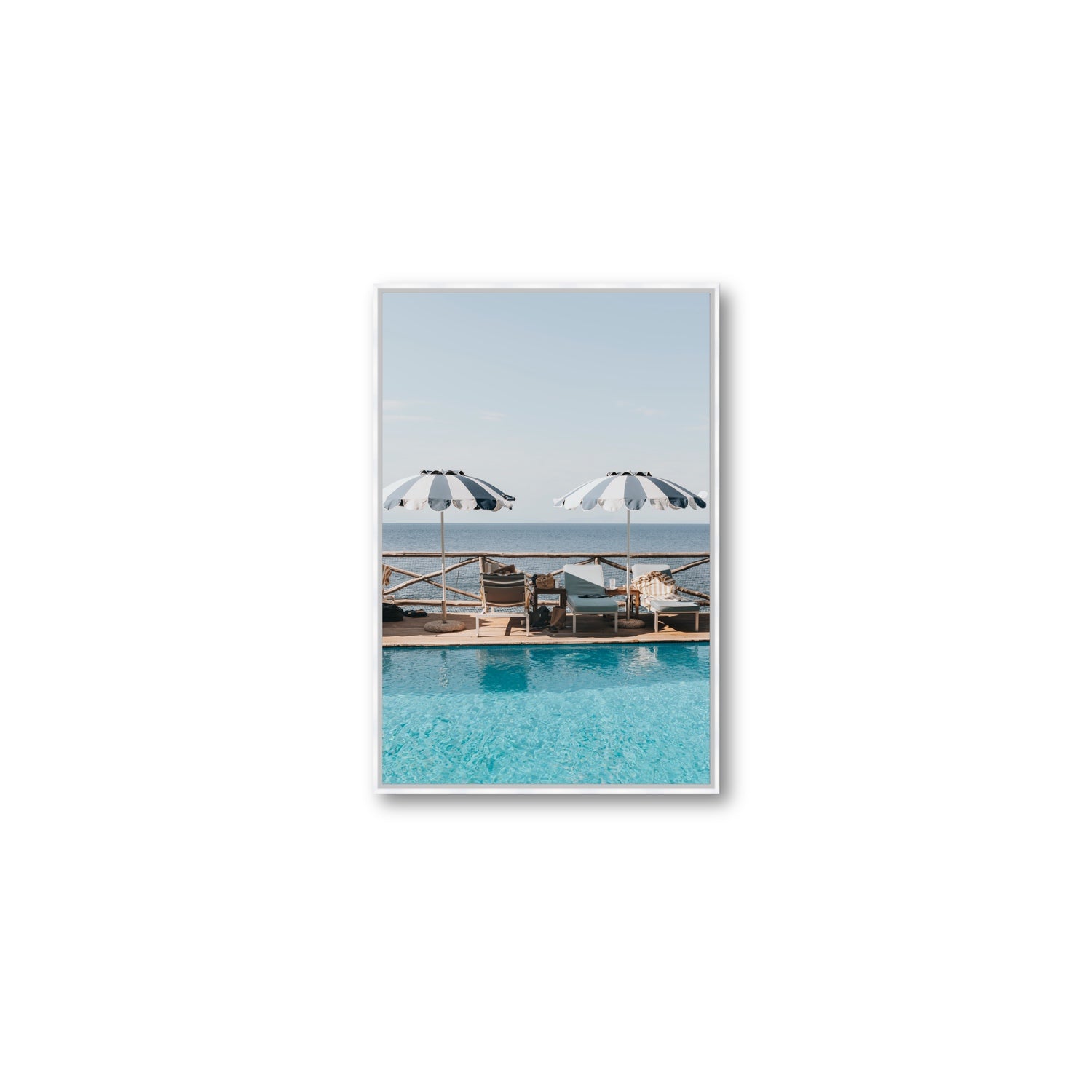 Beach Retreat fine art print, Ischia, Italy, european beach clubs artwork, Medium, White Float Frame, Fine Art Canvas