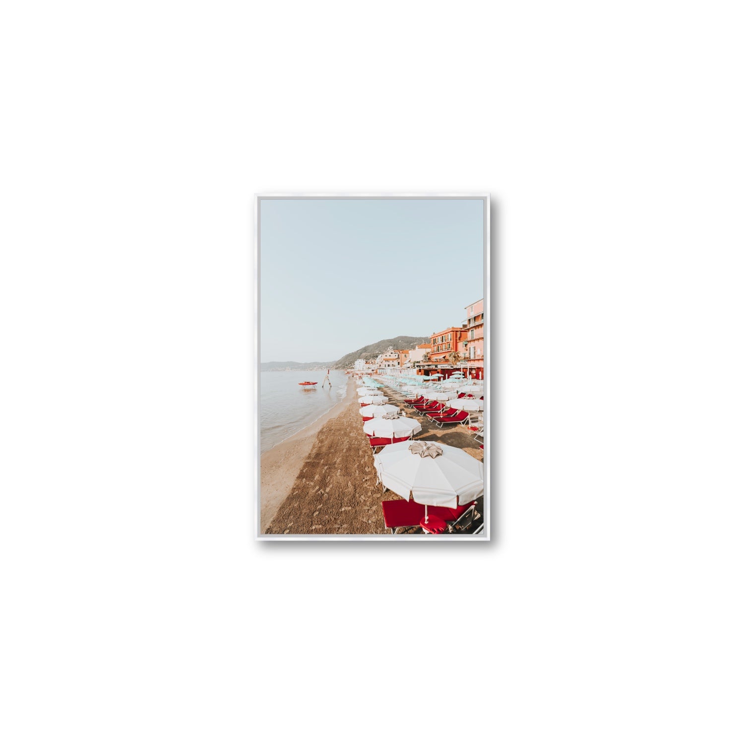 Italian Riviera fine art print, Alassio, Italy, coastal scenes artwork, Medium, White Float Frame, Fine Art Canvas