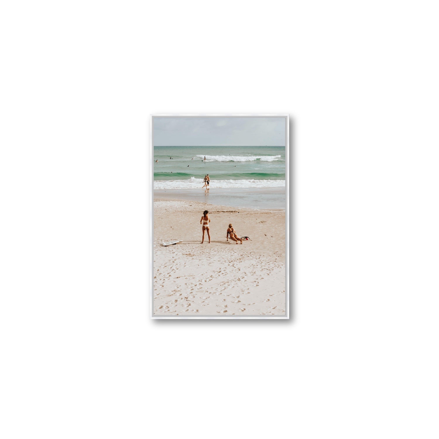 Gidget & Betty Byron Bay beach coastal wall art Medium fine art canvas in white float frame