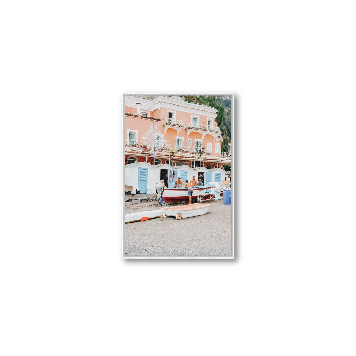 La Riunione della Mattina fine art print, Positano, Italy, Medium, White Float Frame, Fine Art Canvas