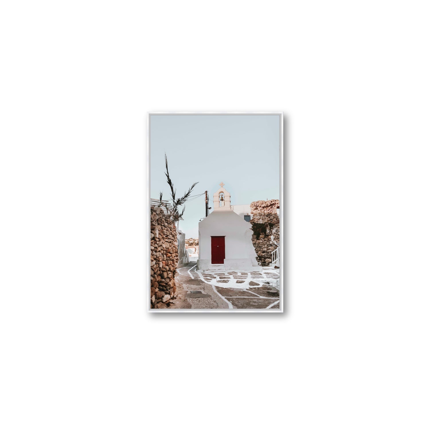 Little Chapel Mykonos Greek island wall art Medium fine art canvas in white float frame