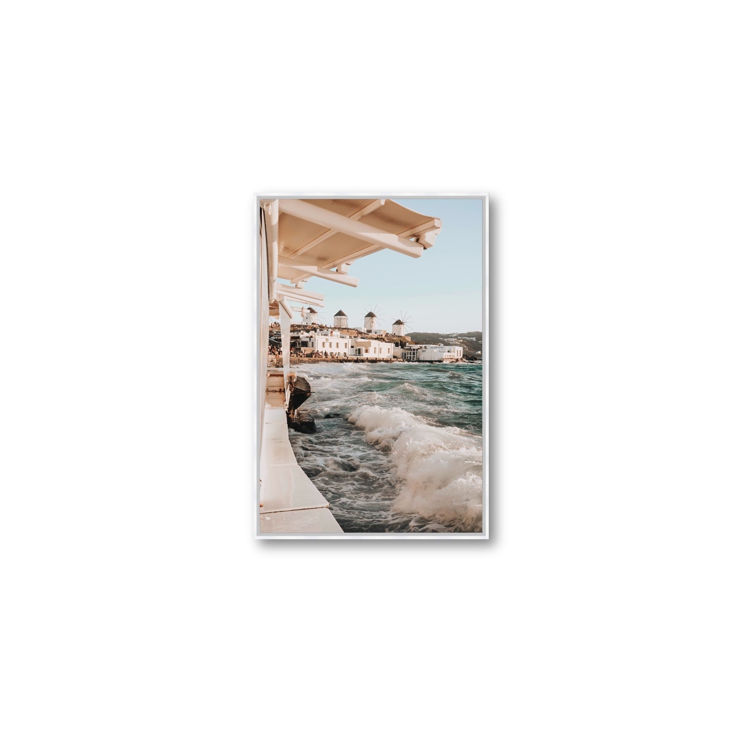 Windmills Mykonos Greek island wall art Medium fine art canvas in white float frame