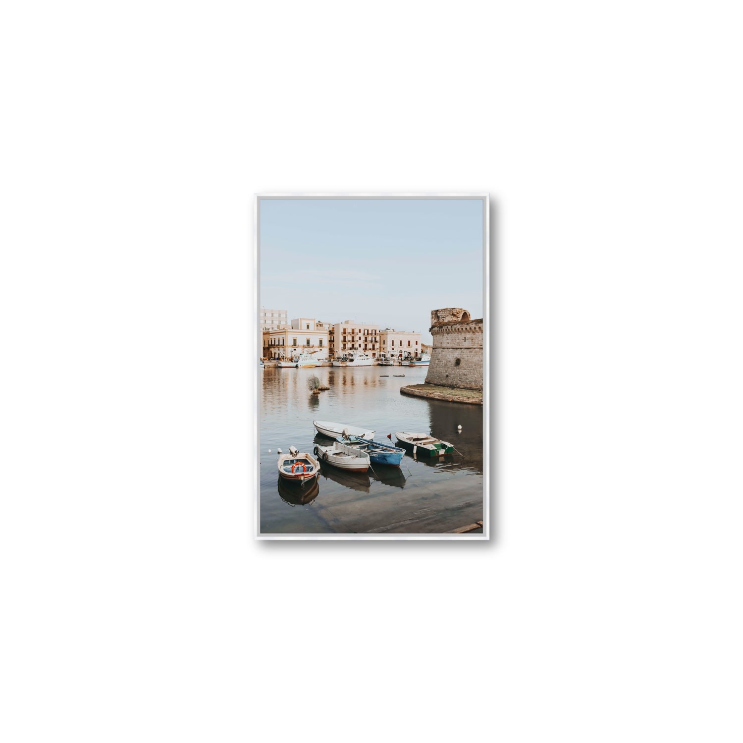 Gallipoli Harbour Puglia coastal wall art Medium fine art canvas in white float frame