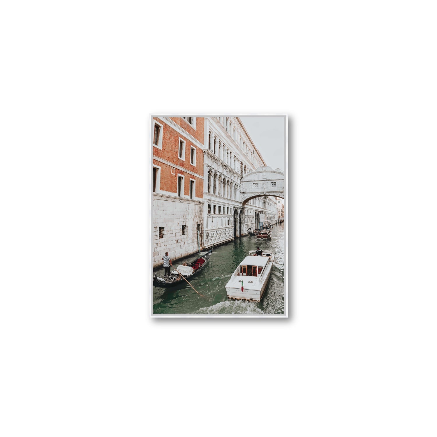Under the Bridge Venice Gondola Italian wall art Medium fine art canvas in white float frame