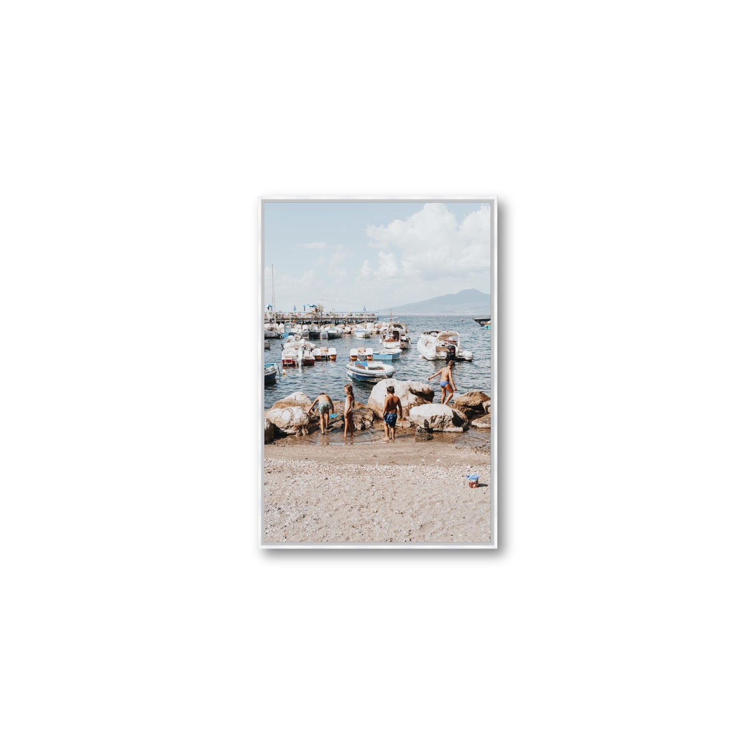 Searching For Treasures Sorrento coastal wall art Medium fine art canvas in white float frame