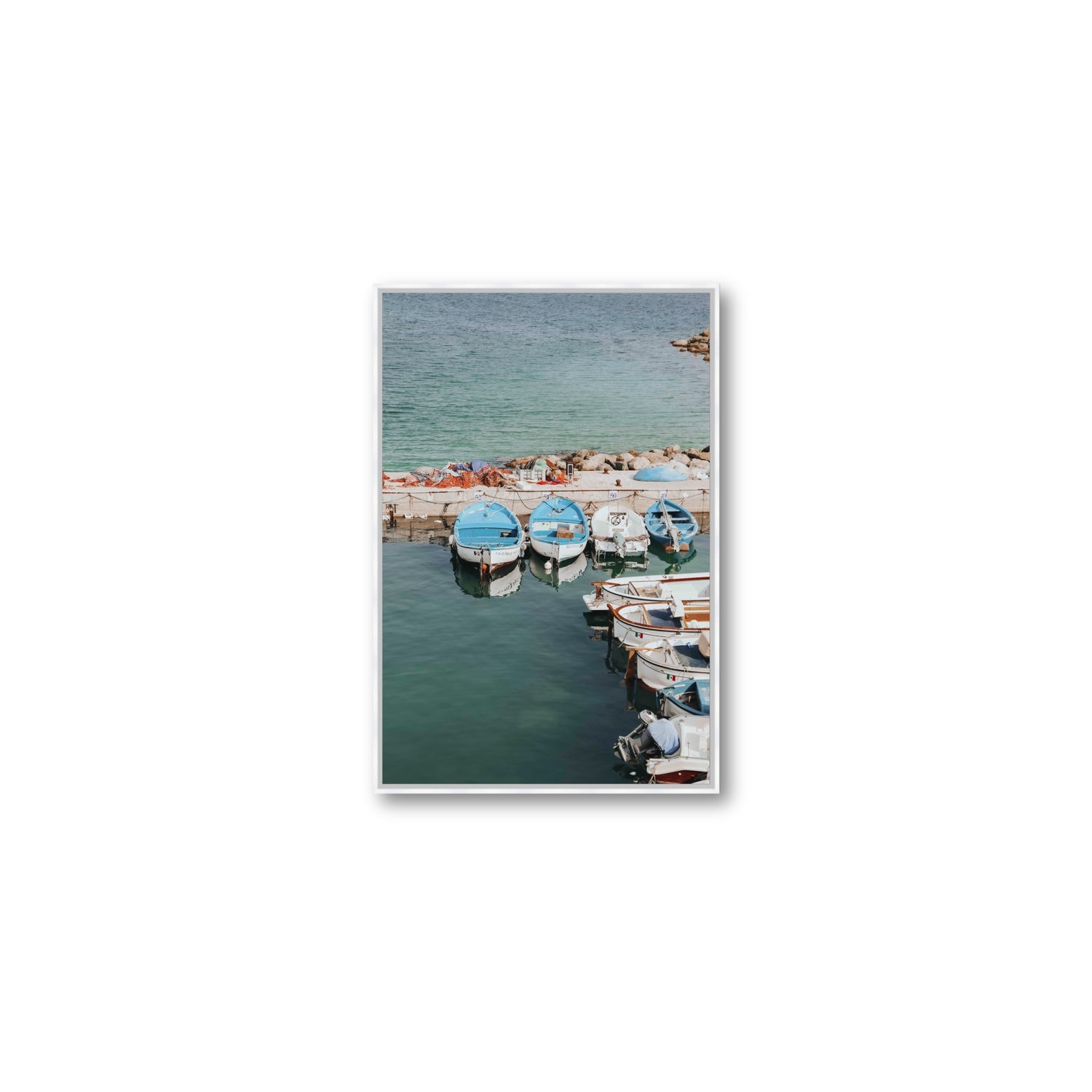 Maritime Memories Puglia Harbour Reflections coastal wall art Medium fine art canvas in white float frame