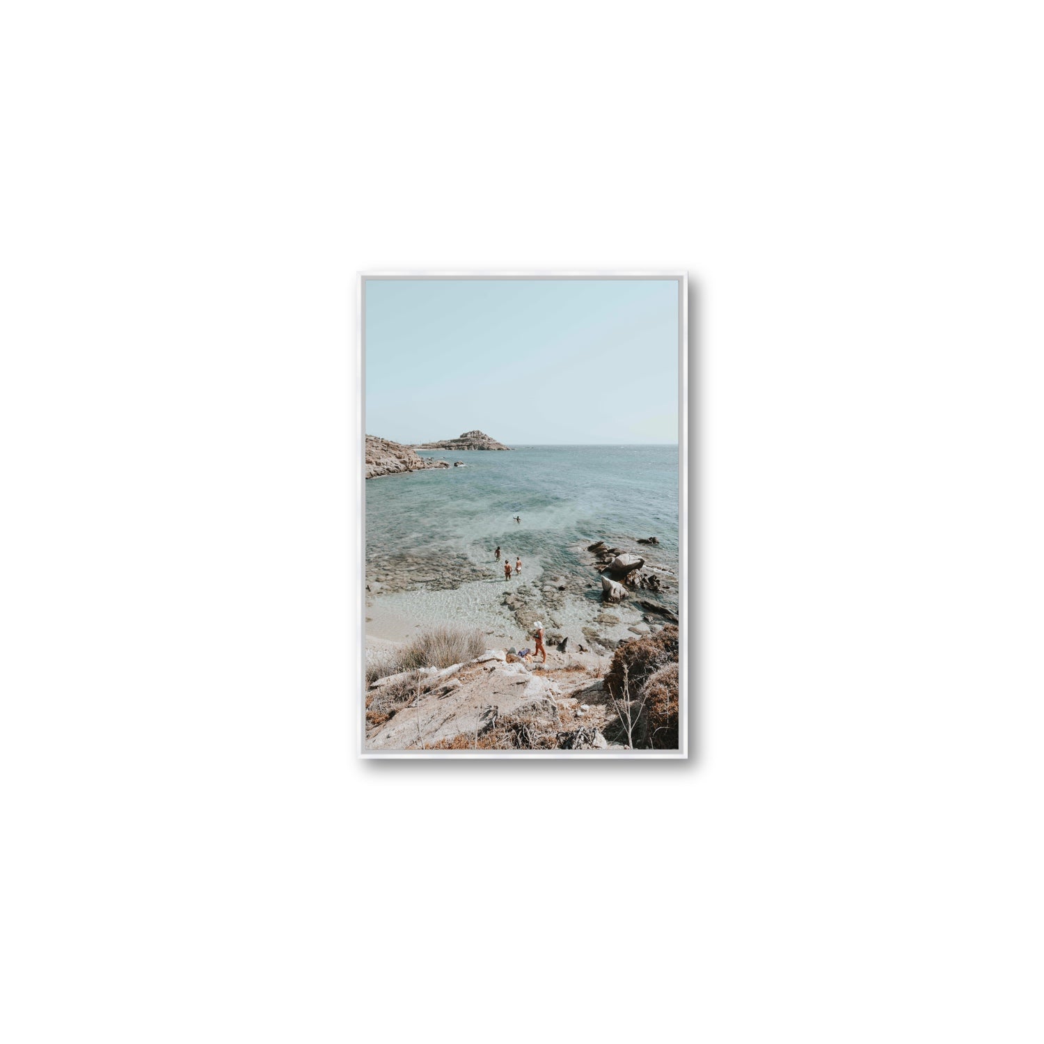 Explorers Mykonos Greek island wall art Medium fine art canvas in white float frame