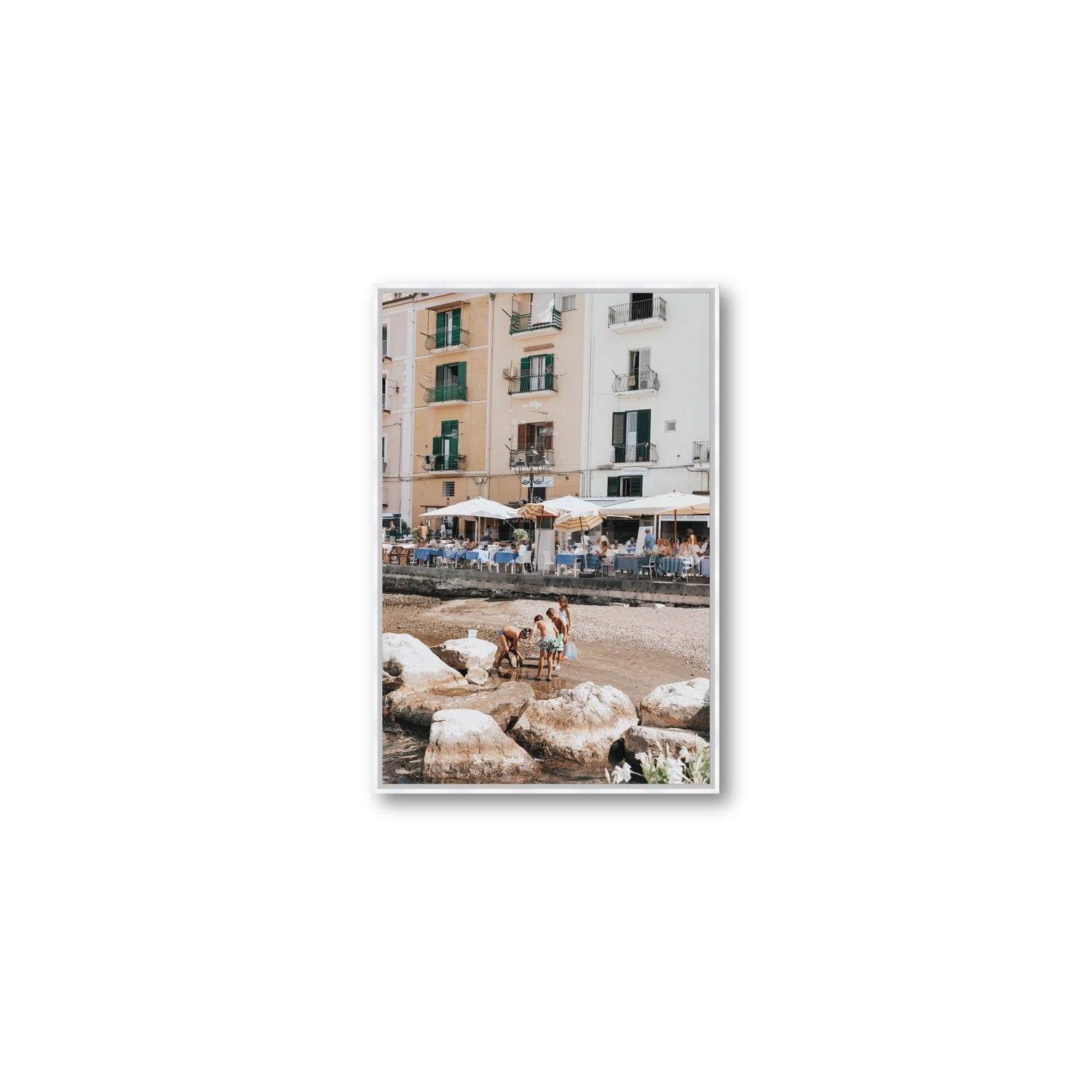 Sunny Playtime Sorrento coastal wall art Medium fine art canvas in white float frame
