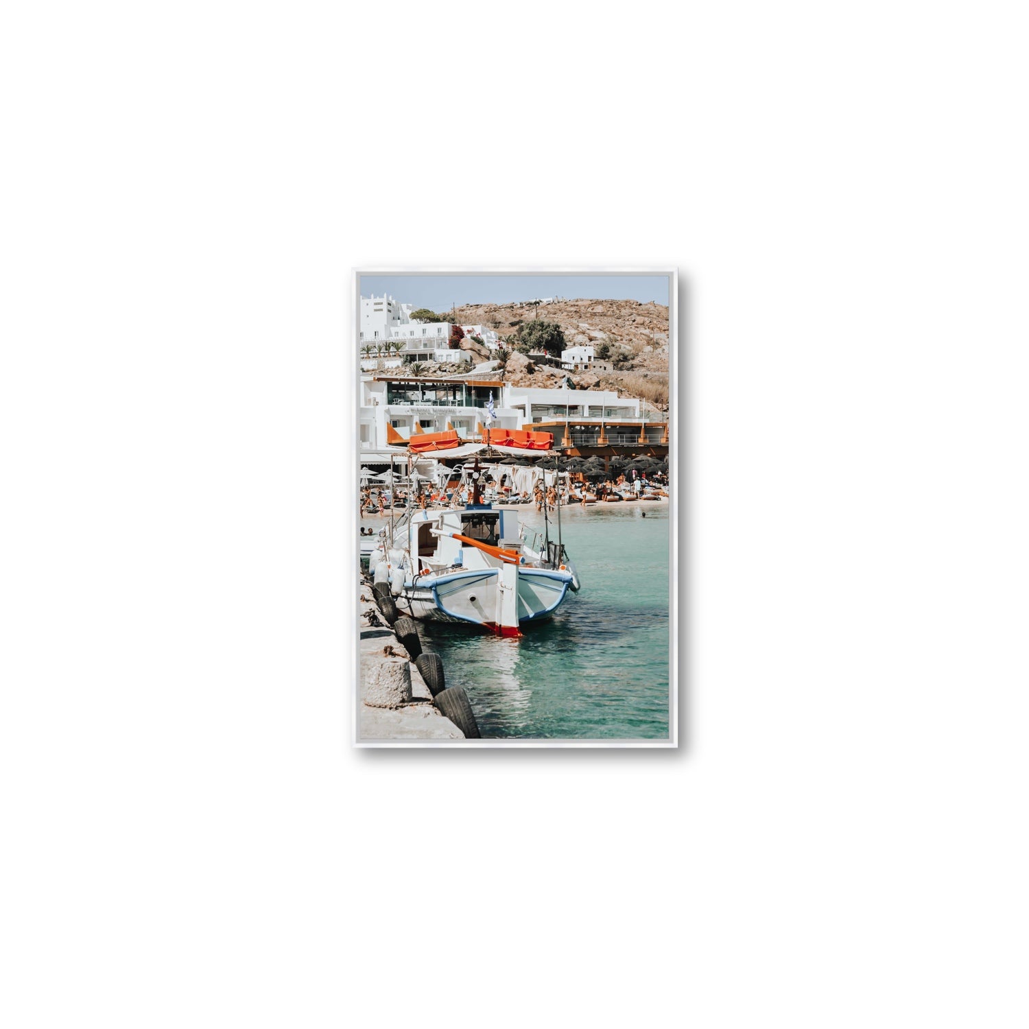 Travel In Style Mykonos Greek island wall art Medium fine art canvas in white float frame