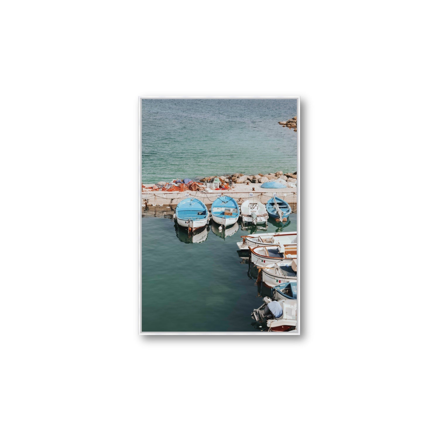 Maritime Memories Puglia Harbour Reflections coastal wall art Large fine art canvas in white float frame