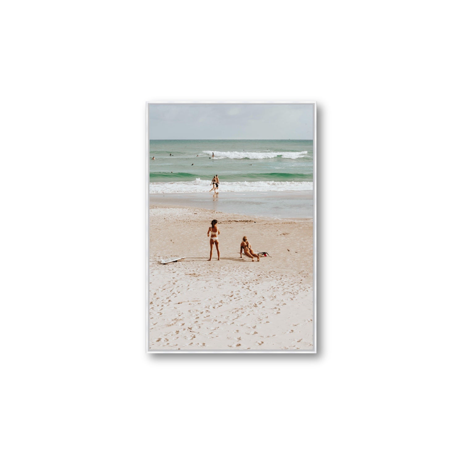 Gidget & Betty Byron Bay beach coastal wall art Large fine art canvas in white float frame