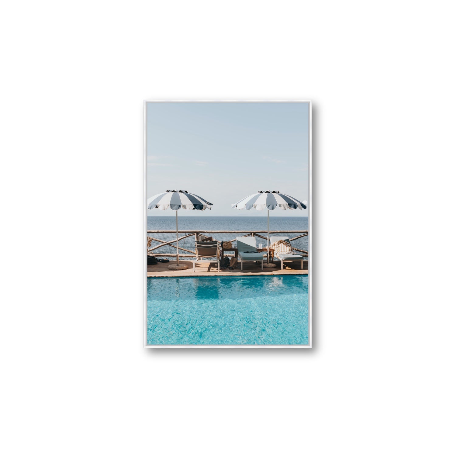 Beach Retreat fine art print, Ischia, Italy, european beach clubs artwork, Large, White Float Frame, Fine Art Canvas