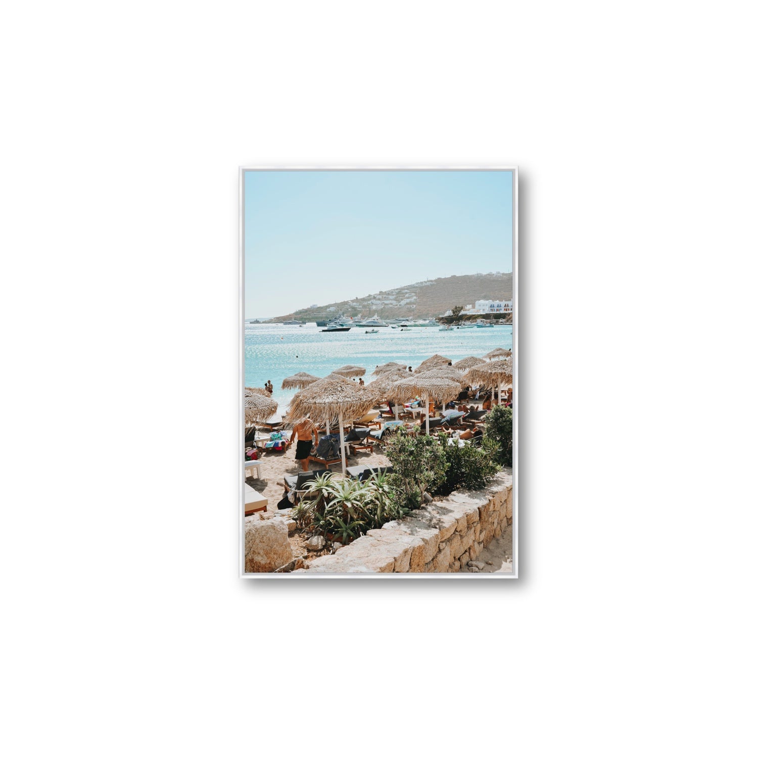 Beachside Huts Mykonos Greek island wall art Large fine art canvas in white float frame
