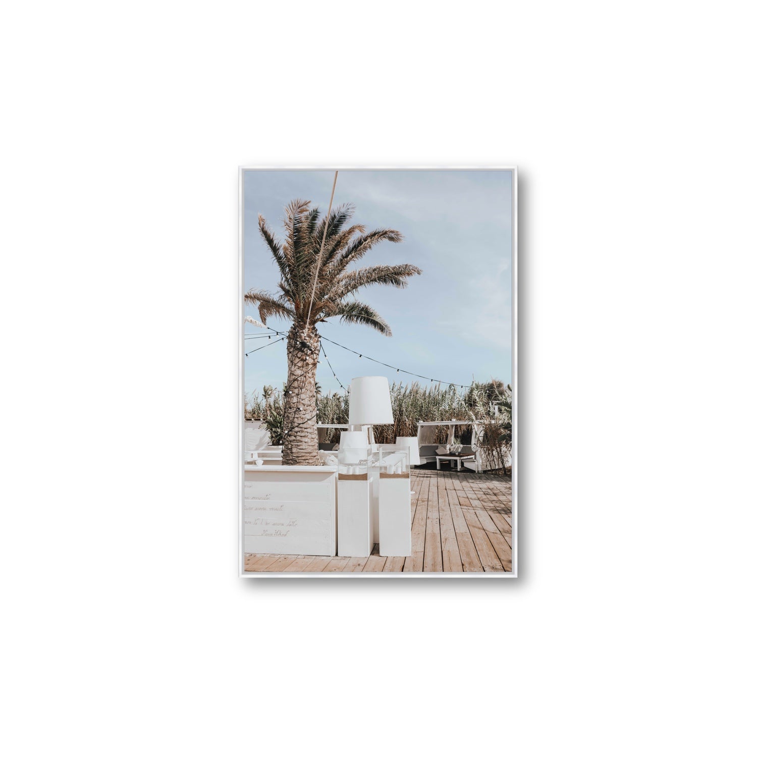 Seabreeze Palm Puglia coastal beach wall art Large fine art canvas in white float frame