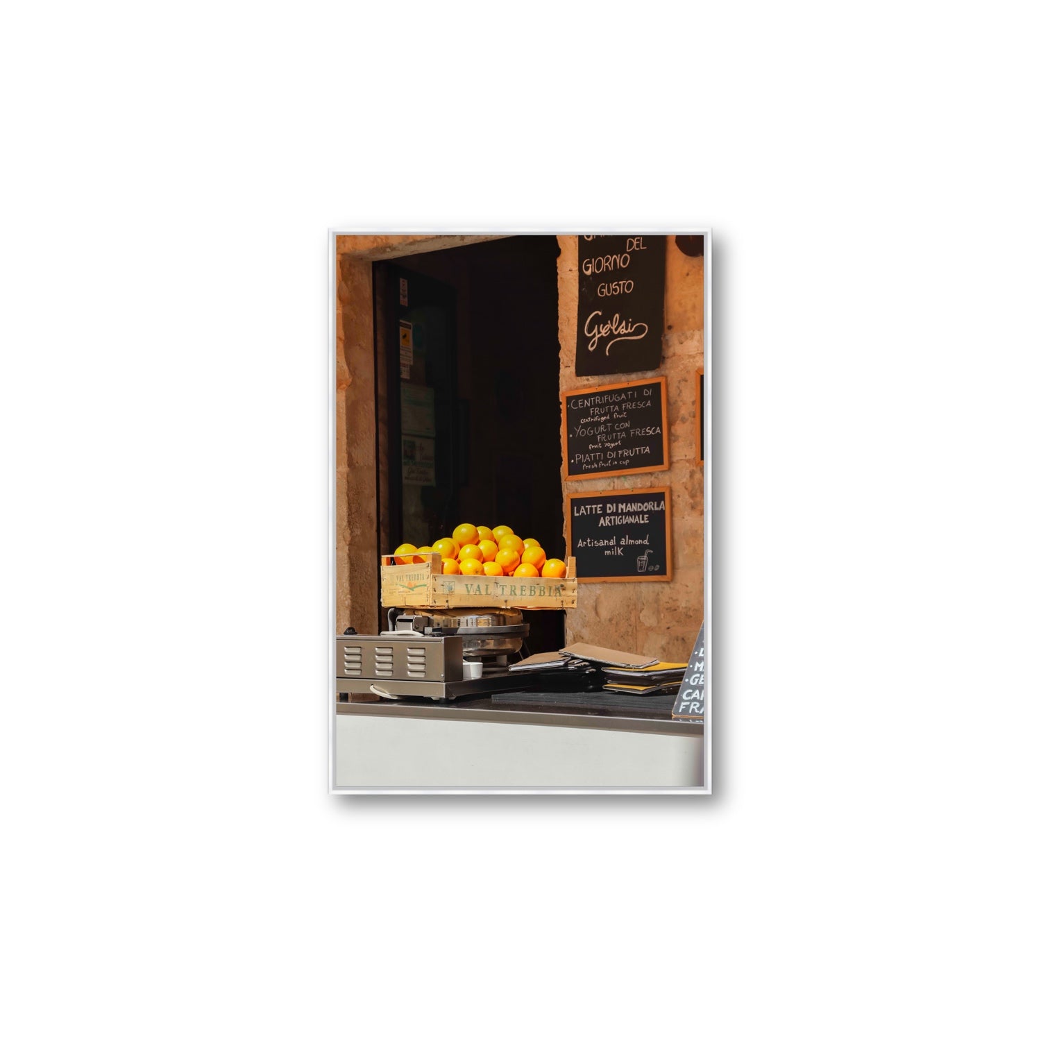 Luminous Citrus Puglia Ostuni Italian wall art Large fine art canvas in white float frame