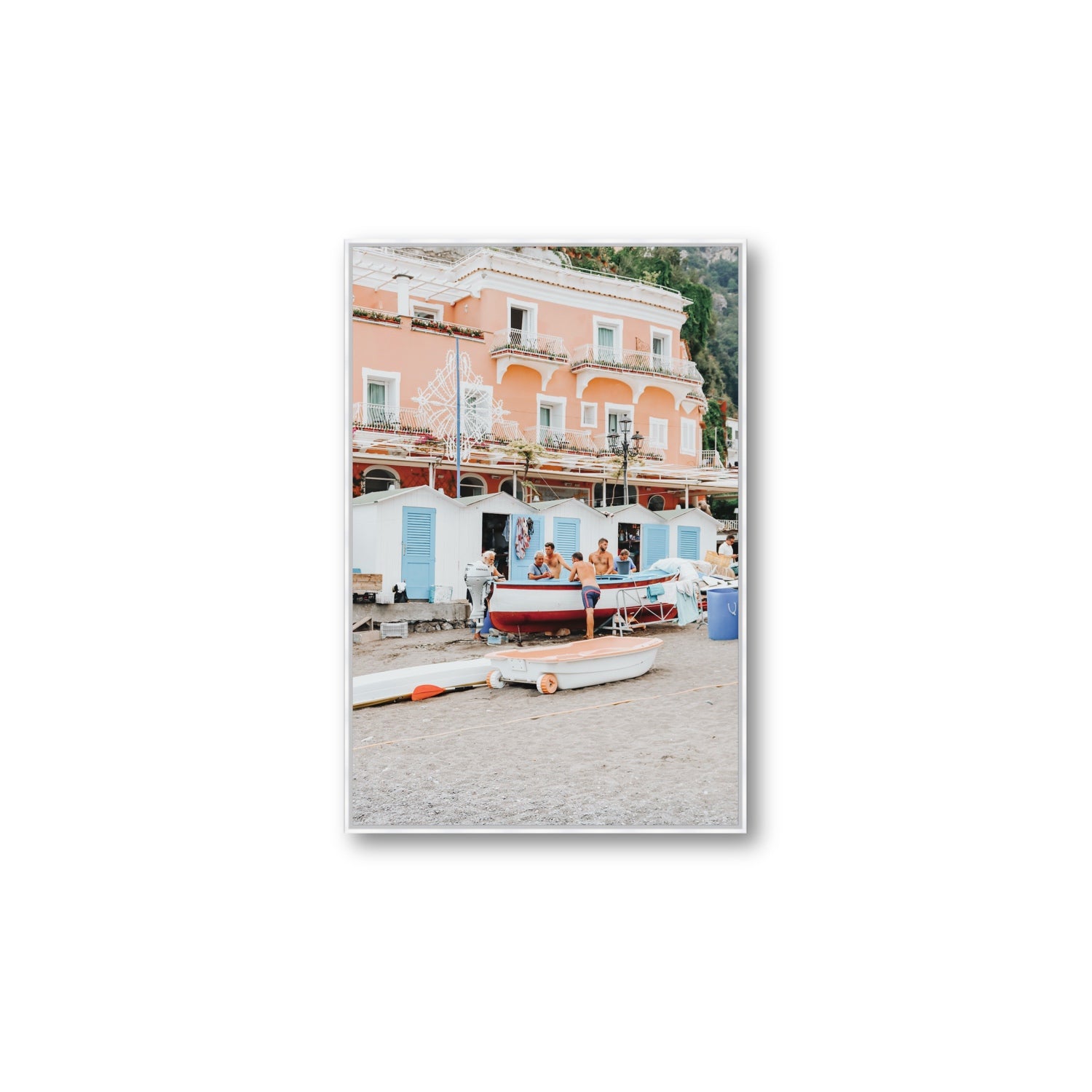 La Riunione della Mattina fine art print, Positano, Italy, Large, White Float Frame, Fine Art Canvas
