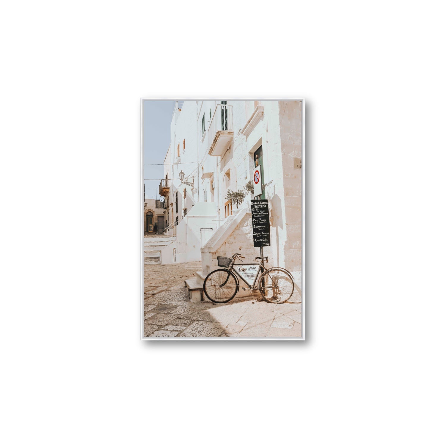 La Bicicletta Puglia Ostuni wall art Large fine art canvas in white float frame