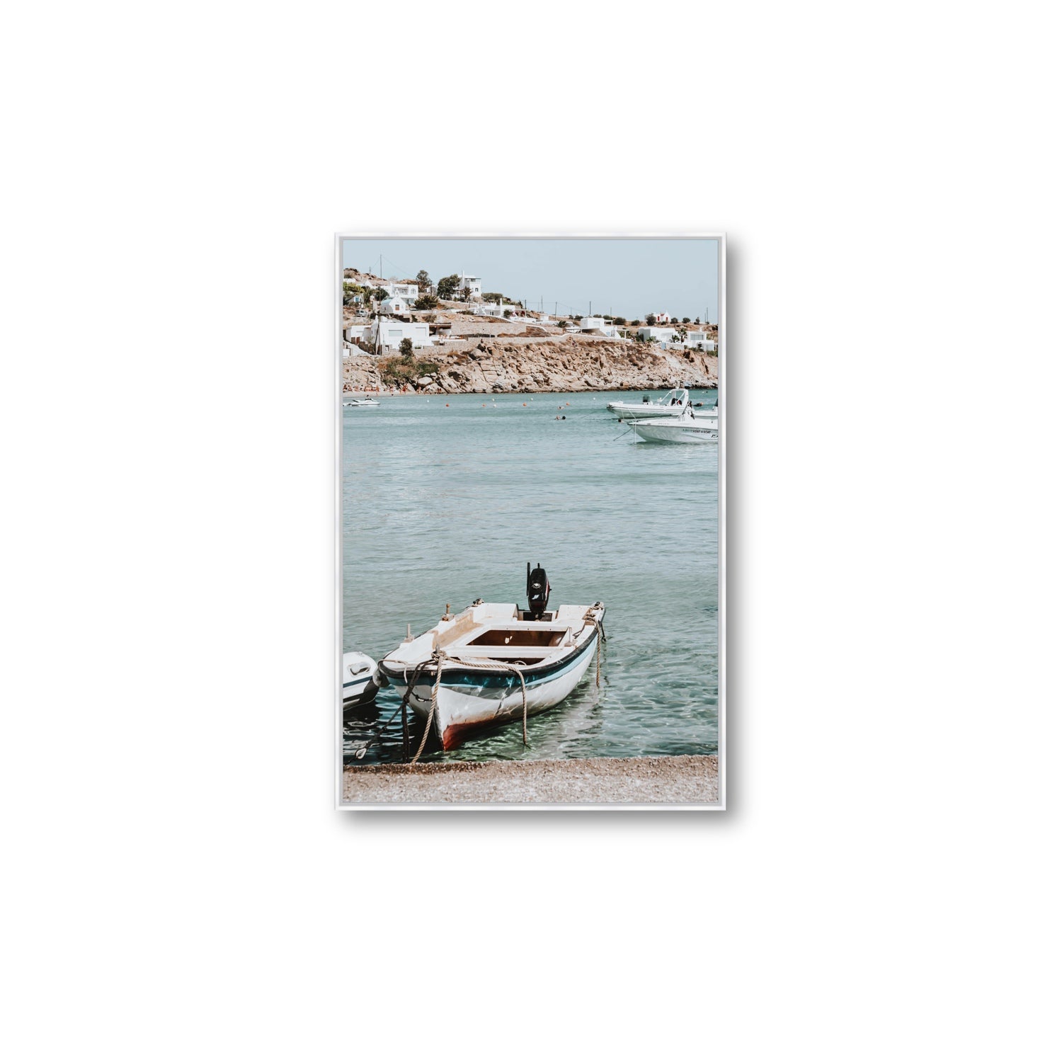 Classic Wheels Mykonos Greek island wall art Large fine art canvas in white float frame