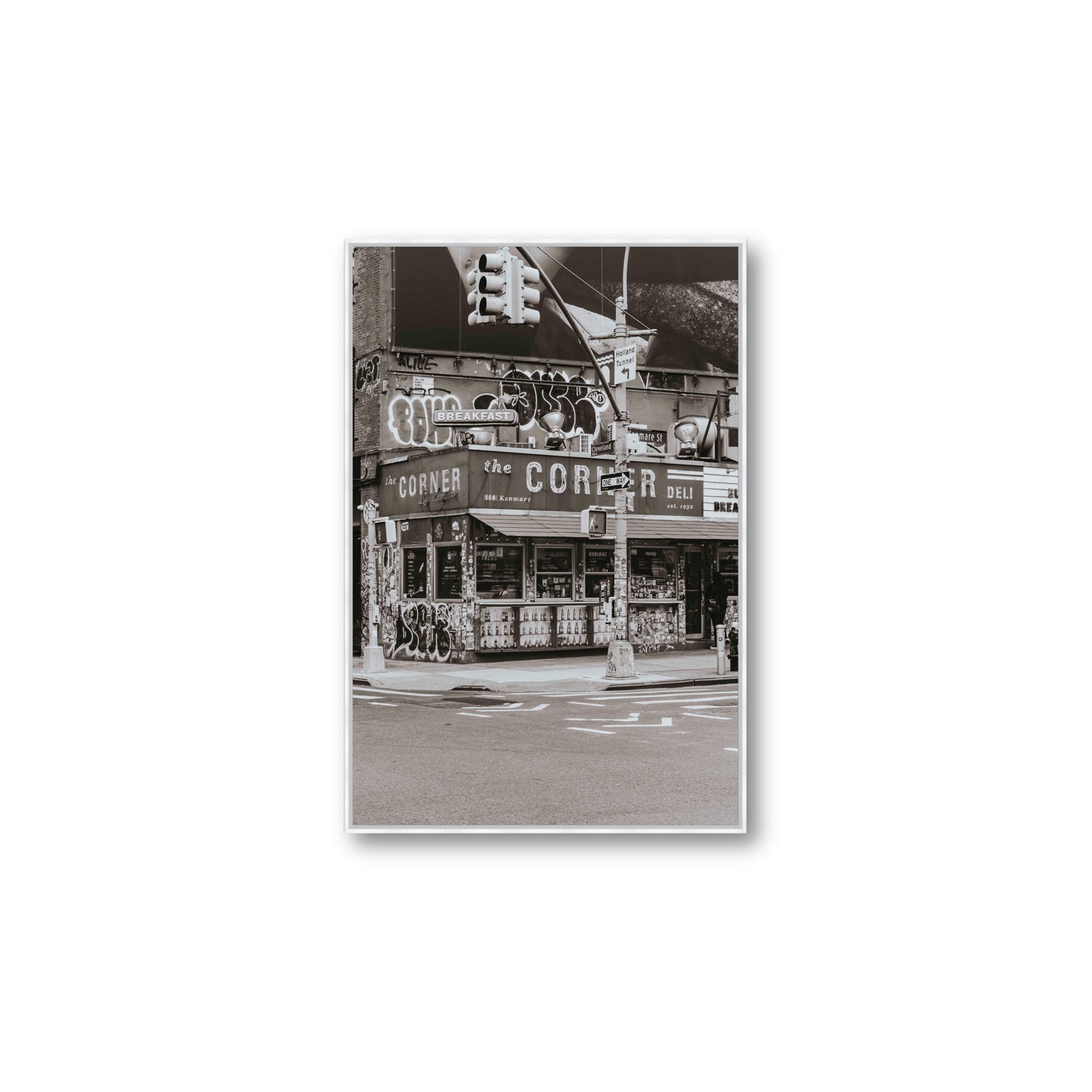 Soho Deli New York NYC Black & White wall art Large fine art canvas in white float frame