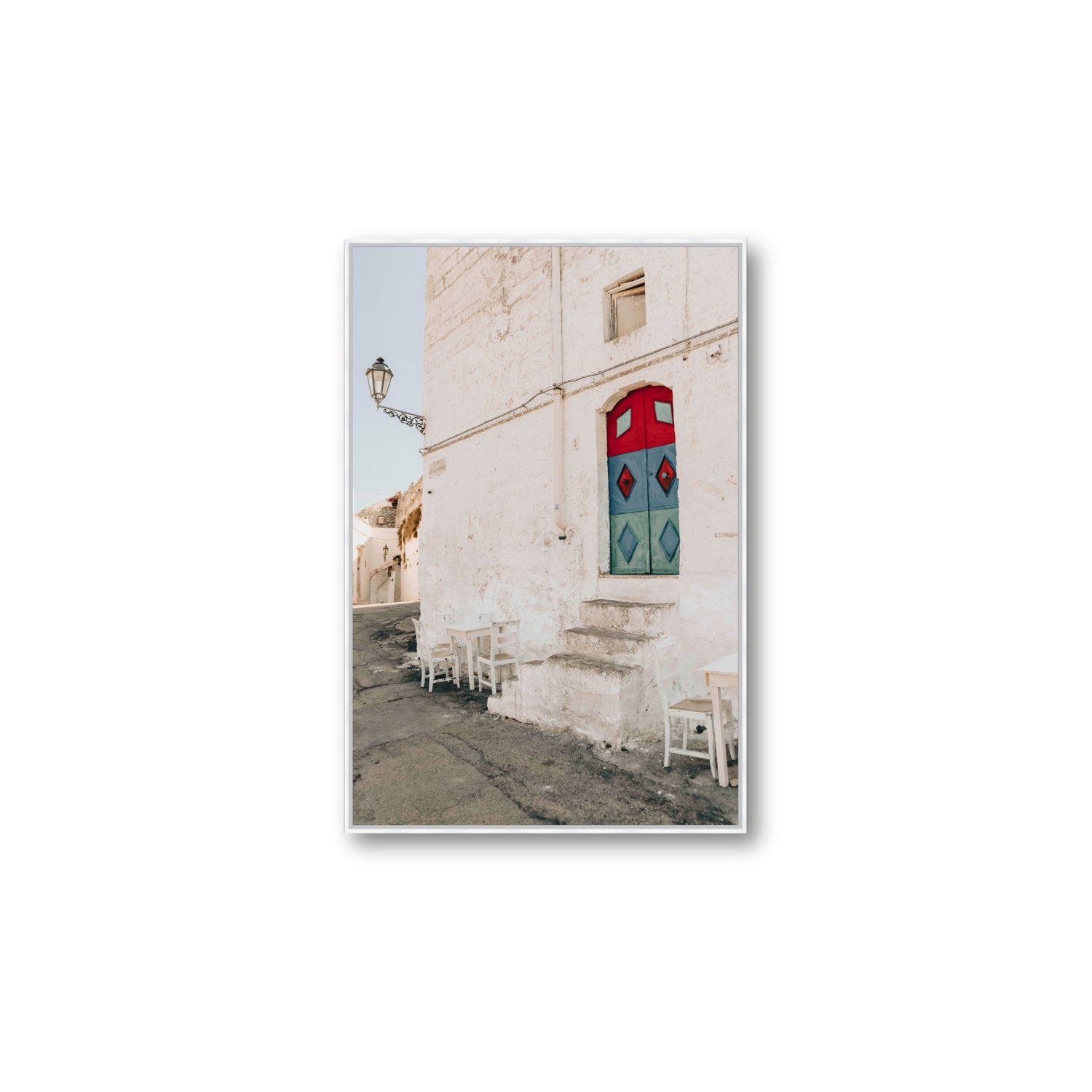 Doorway Delight Puglia Ostuni wall art Large fine art canvas in white float frame