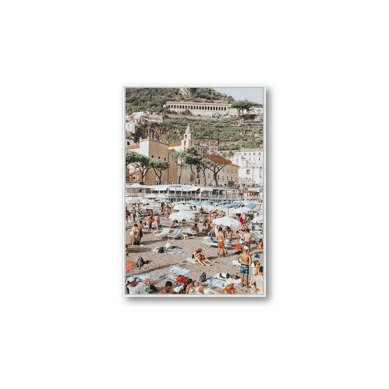 Festa In Spiaggia Amalfi coastal wall art Large fine art canvas in white float frame