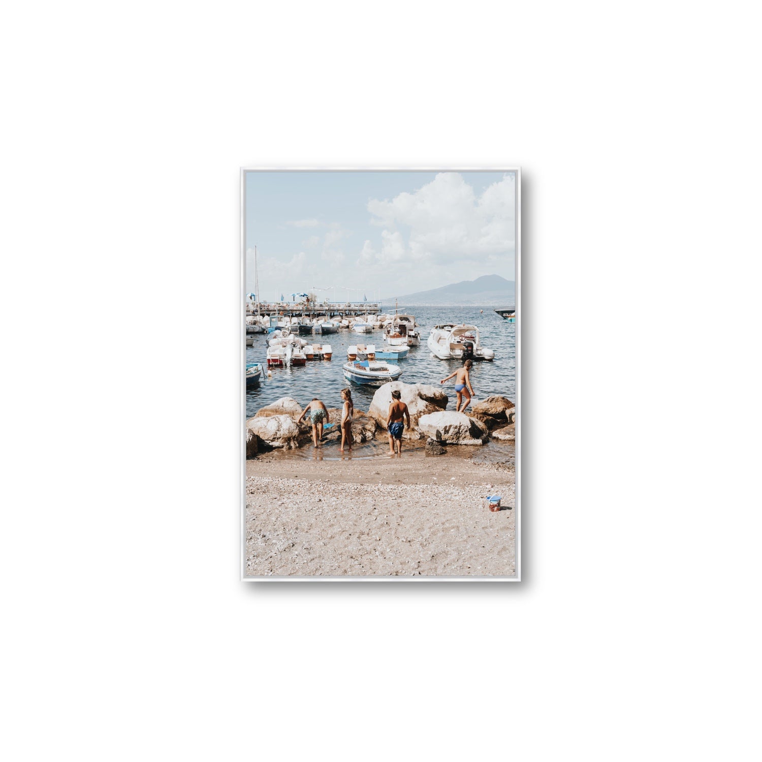 Searching For Treasures Sorrento coastal wall art Large fine art canvas in white float frame