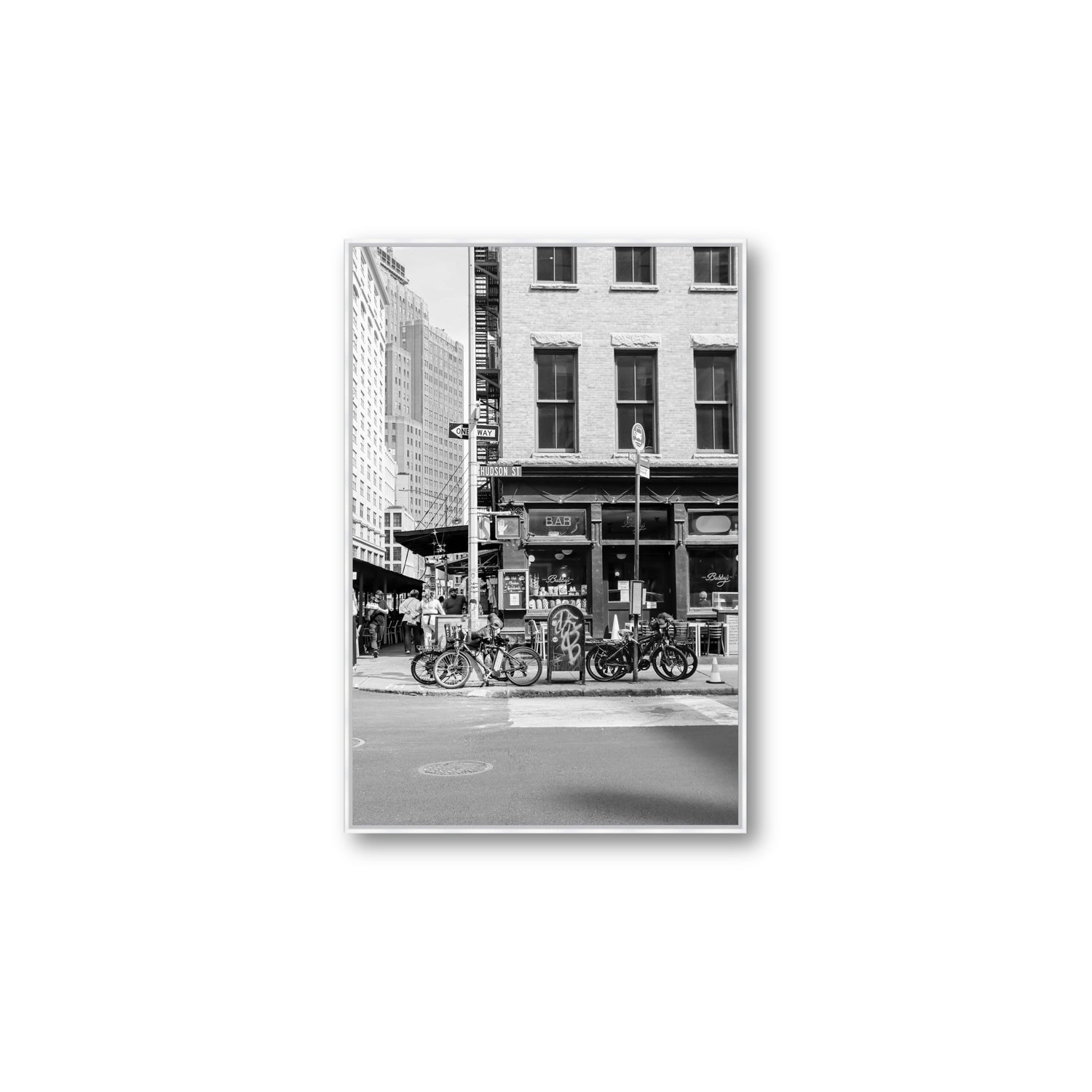 Bites Of The Big Apple New York NYC Black & White wall art Large fine art canvas in white float frame