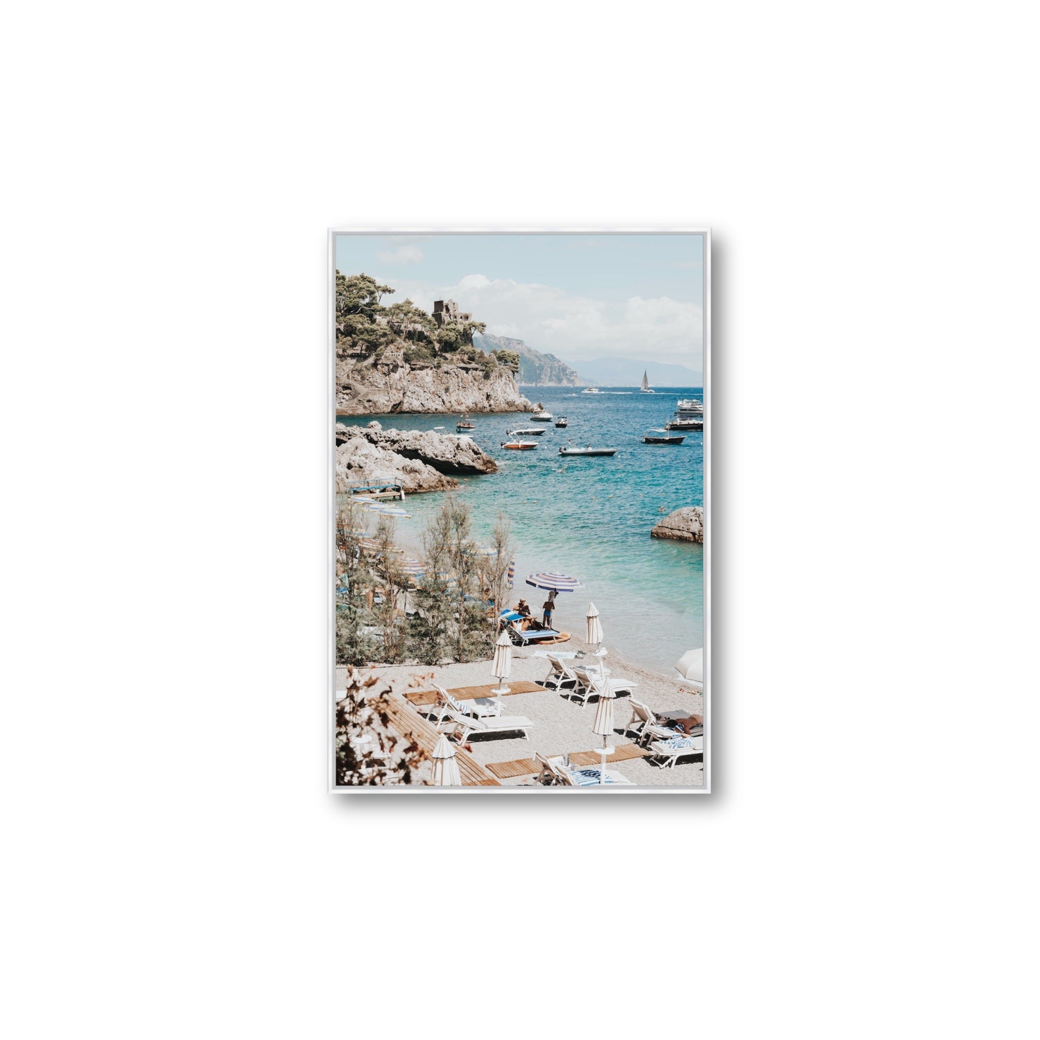 Sizzling Summer Days Amalfi coastal wall art Large fine art canvas in white float frame
