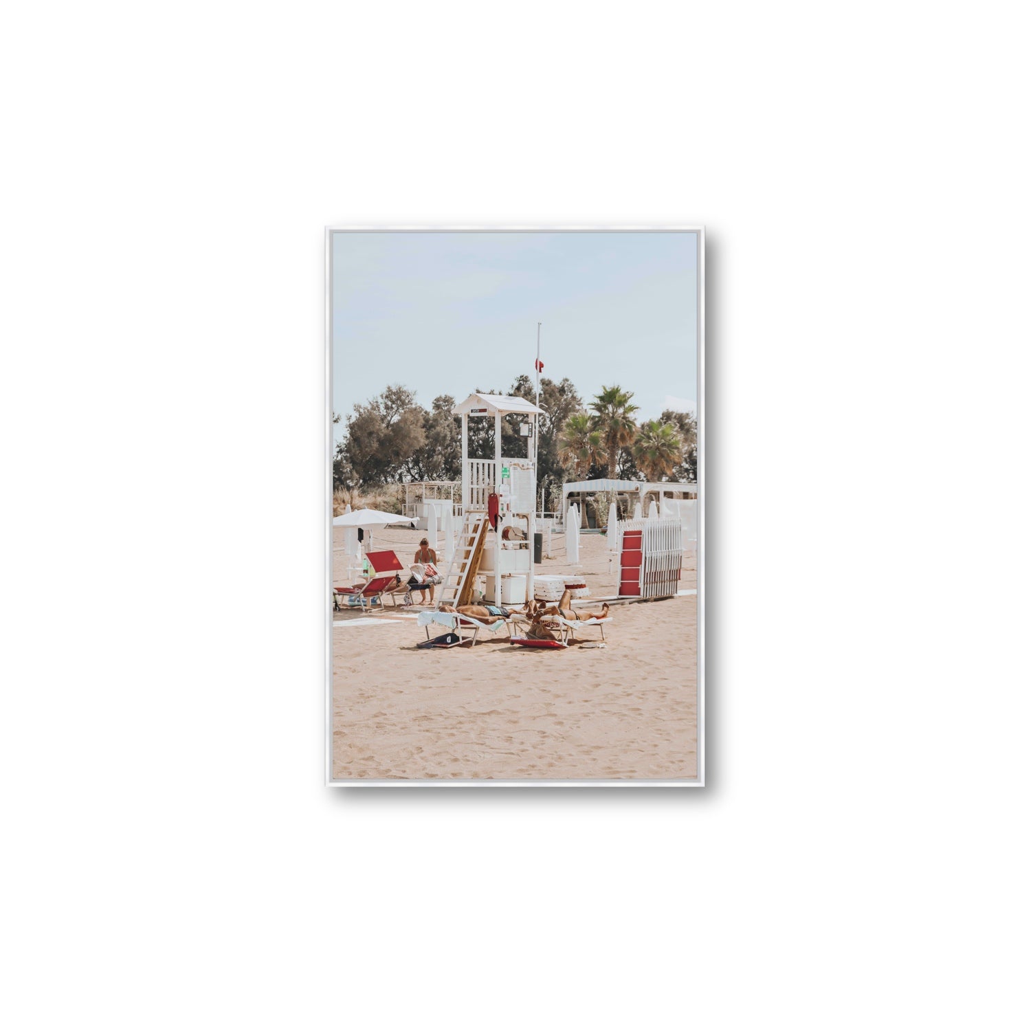 Red Lounge Reverie Puglia beach coastal wall art Large fine art canvas in white float frame
