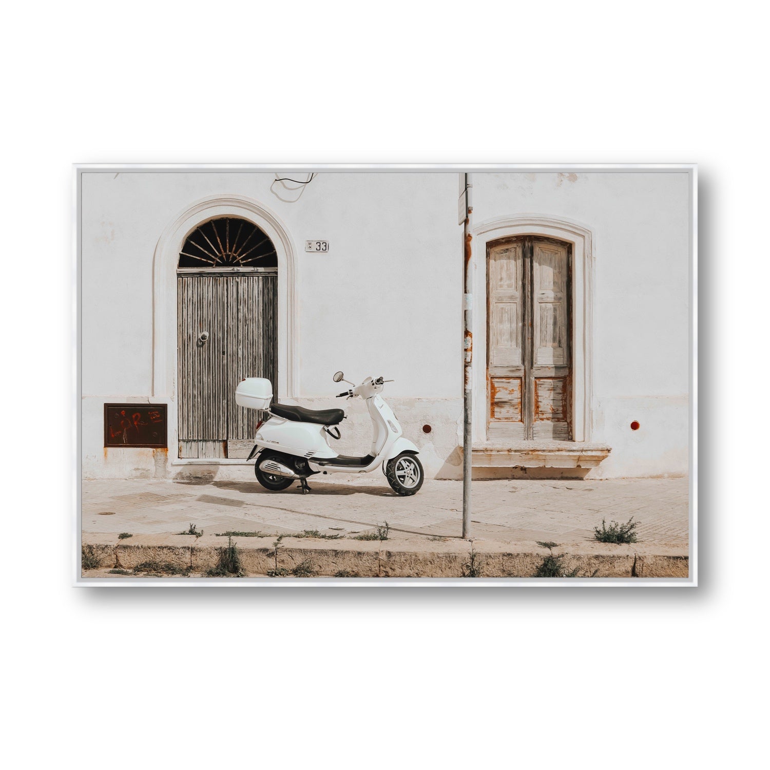 Vespa Nostalgia Puglia Italian wall art Statement fine art canvas in white float frame