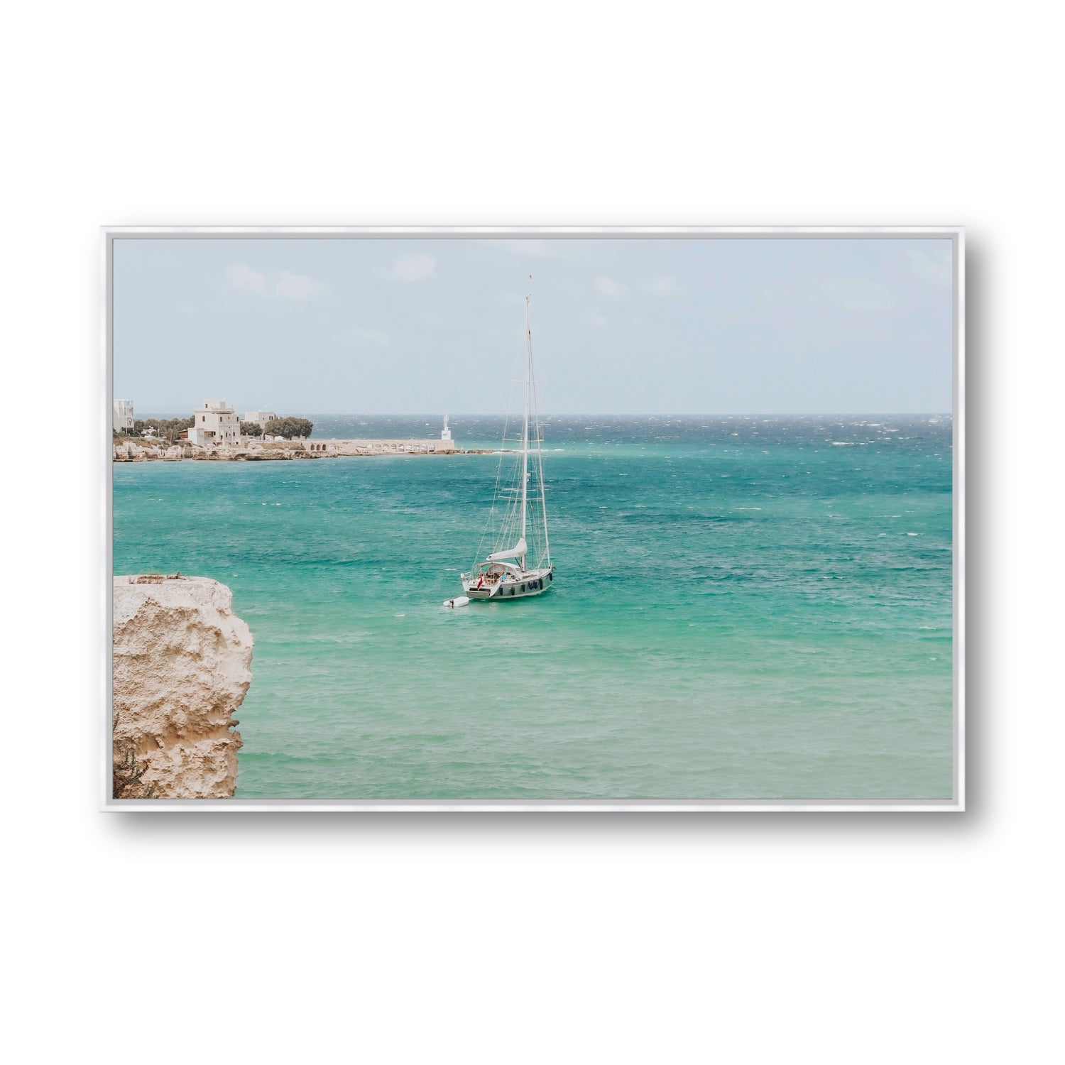 Adriatic Escape Puglia Italian coastal decor wall art Statement fine art canvas in white float frame