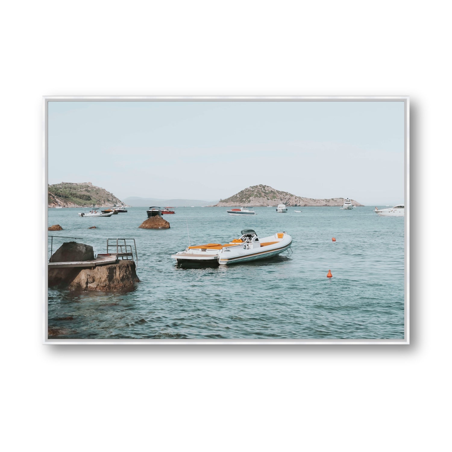 The Azure Sea Tuscany coastal Italian wall art Statement fine art canvas in white float frame