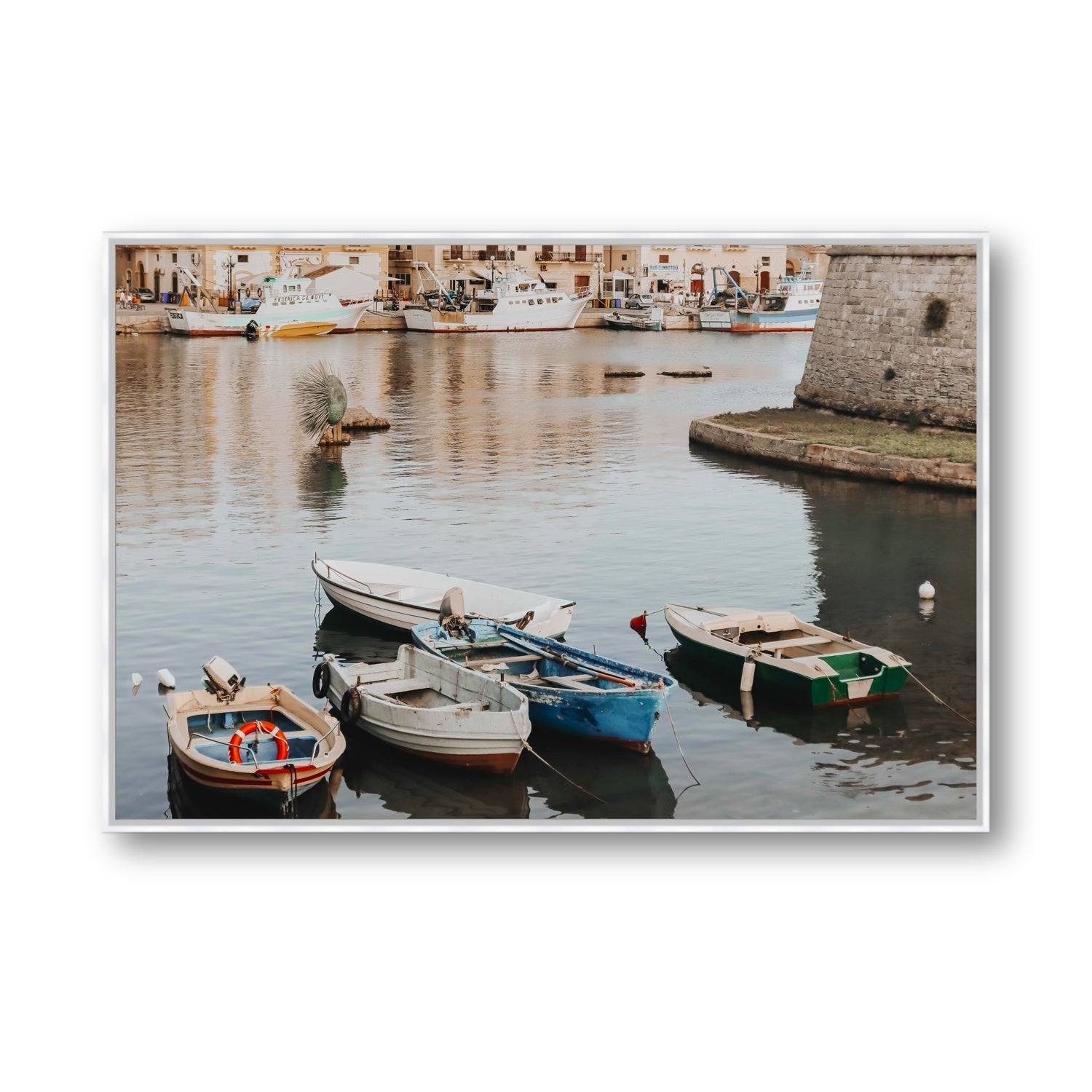 Cinque Barche Puglia Gallipoli Italian art print Statement fine art canvas in white float frame