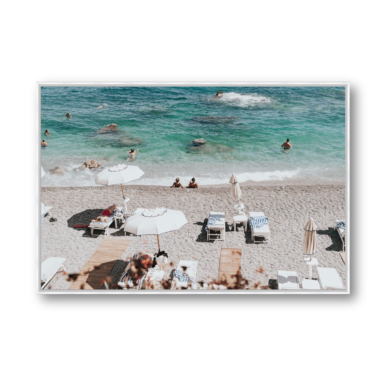 Amicizia Amalfi Italian beach wall art Statement fine art canvas in white float frame