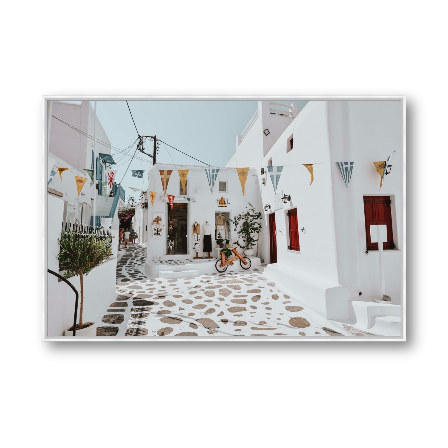 Cruising The Streets Mykonos Greek island wall art Statement fine art canvas in white float frame