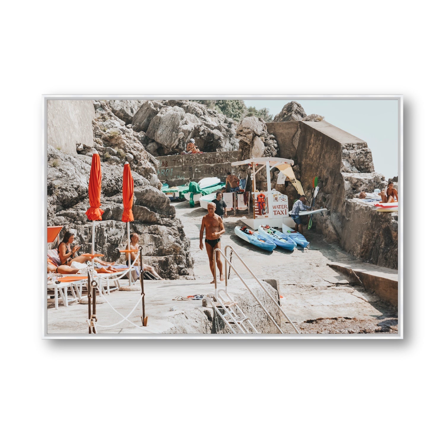 The Local Praiano Amalfi Coast Mediterranean wall art Statement fine art canvas in white float frame