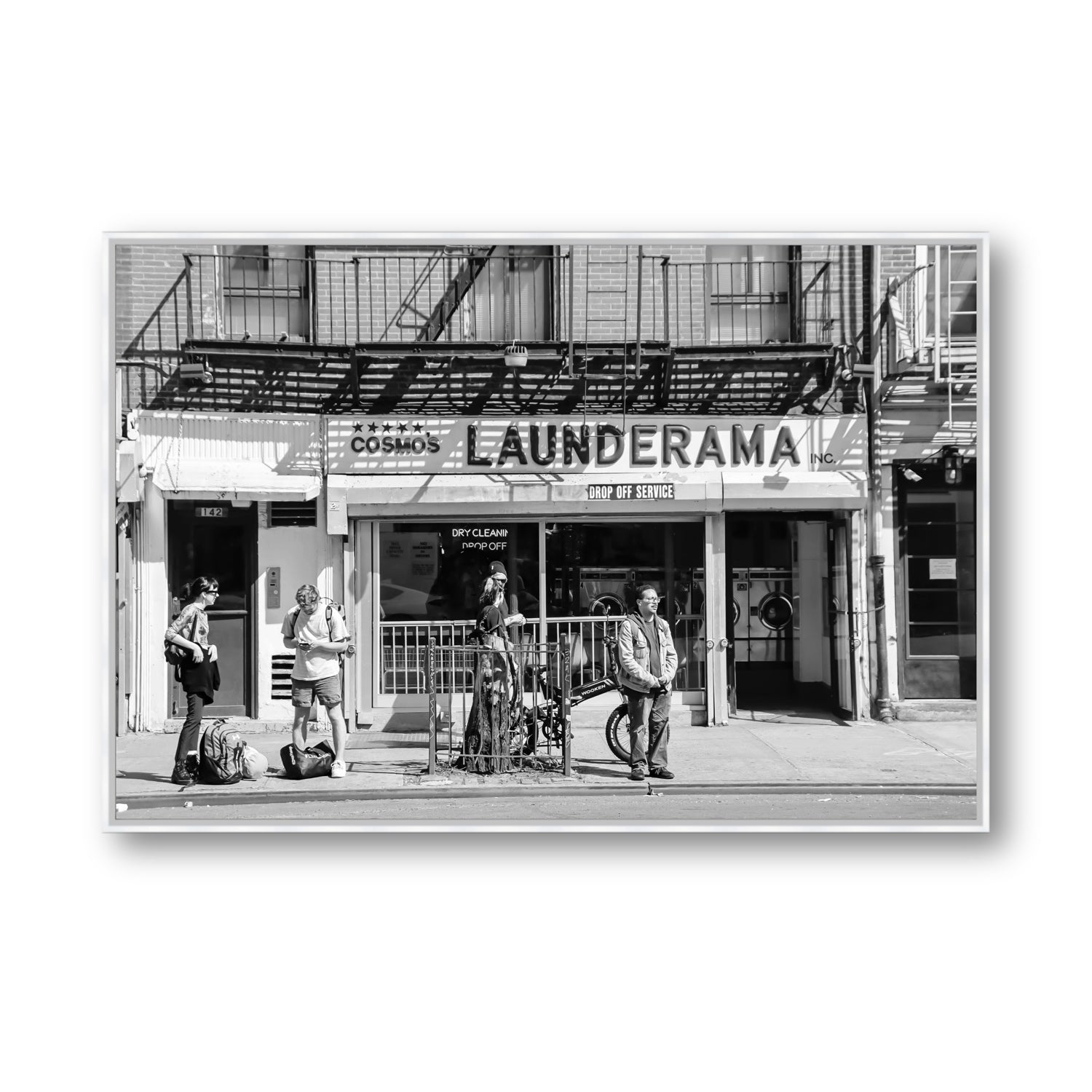 Launderama New York NYC Black & White wall art Statement fine art canvas in white float frame