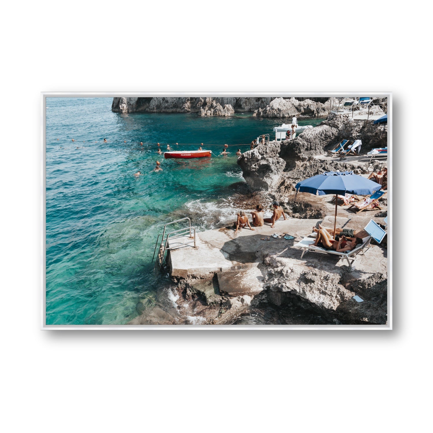 Serenity By The Sea Capri Mediterranean wall art Statement fine art canvas in white float frame