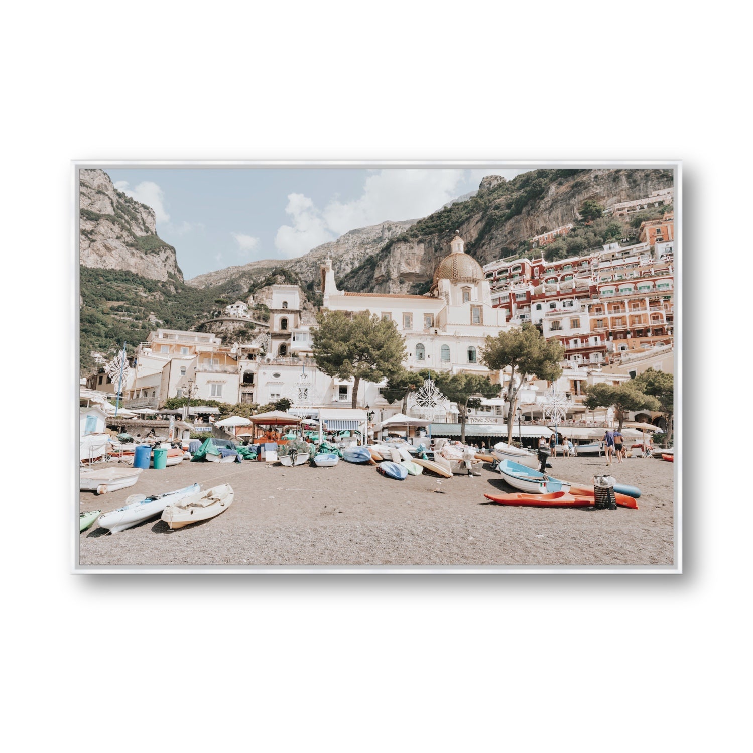 Pastel Paradise fine art print, Positano, Italy, Statement, White Float Frame, Fine Art Canvas