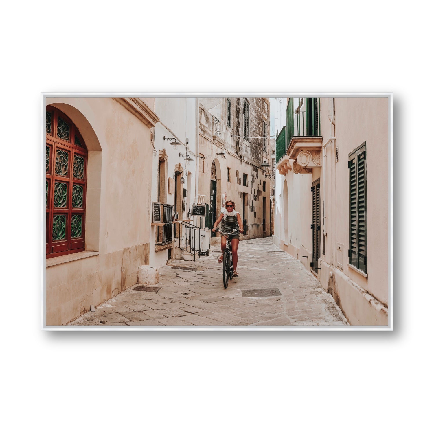 La Donna In Bicicletta Puglia Wall Italian fine art print Statement fine art canvas in white float frame