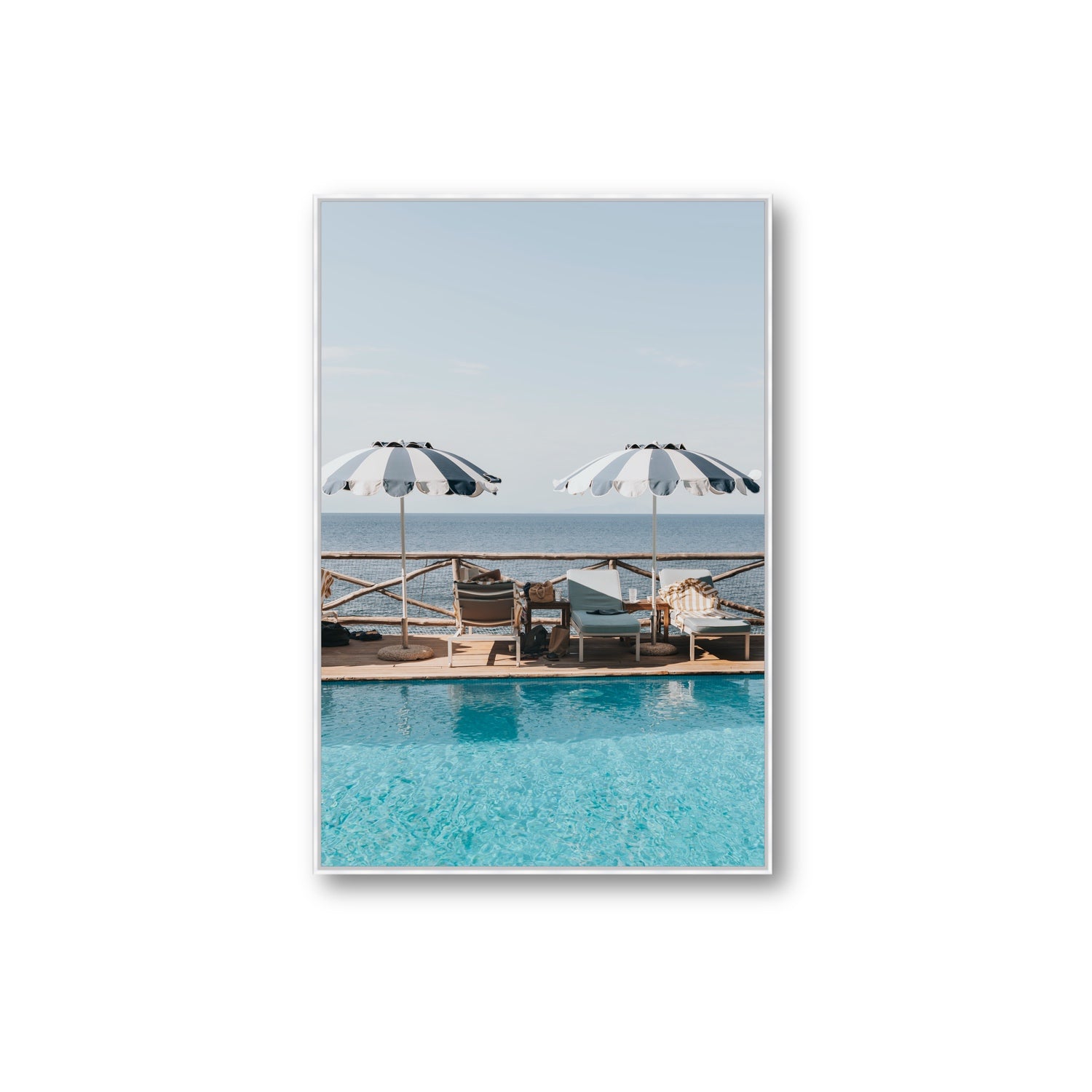 Beach Retreat fine art print, Ischia, Italy, european beach clubs artwork, Extra Large, White Float Frame, Fine Art Canvas